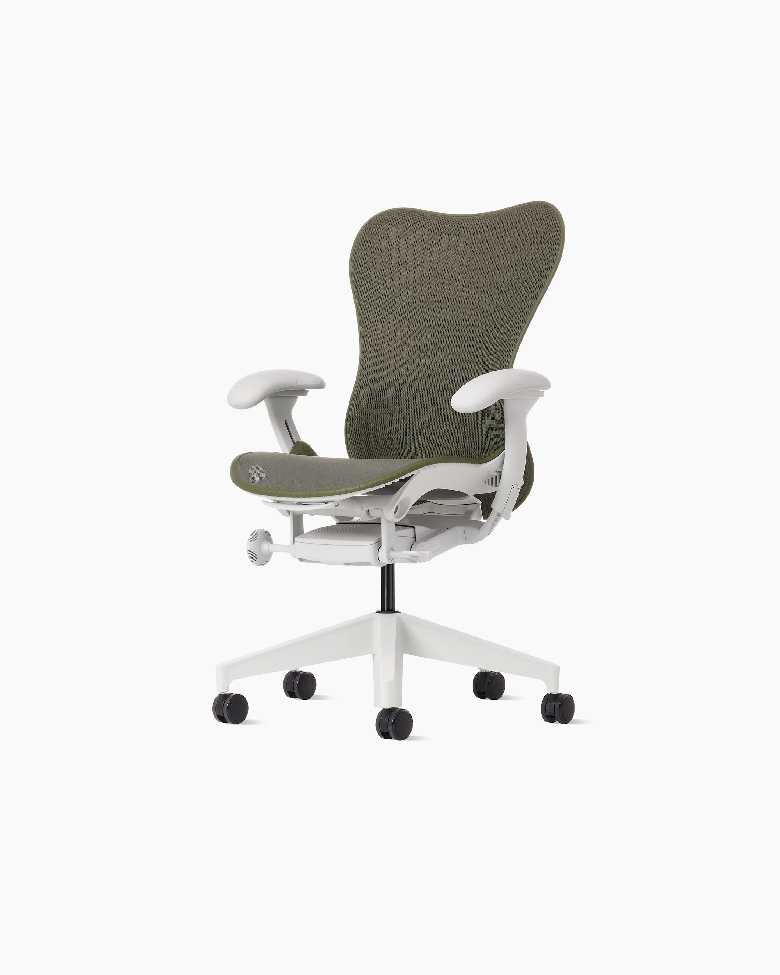 Front angle view of a Mirra 2 chair with a Butterfly back in olive and an alpine frame.