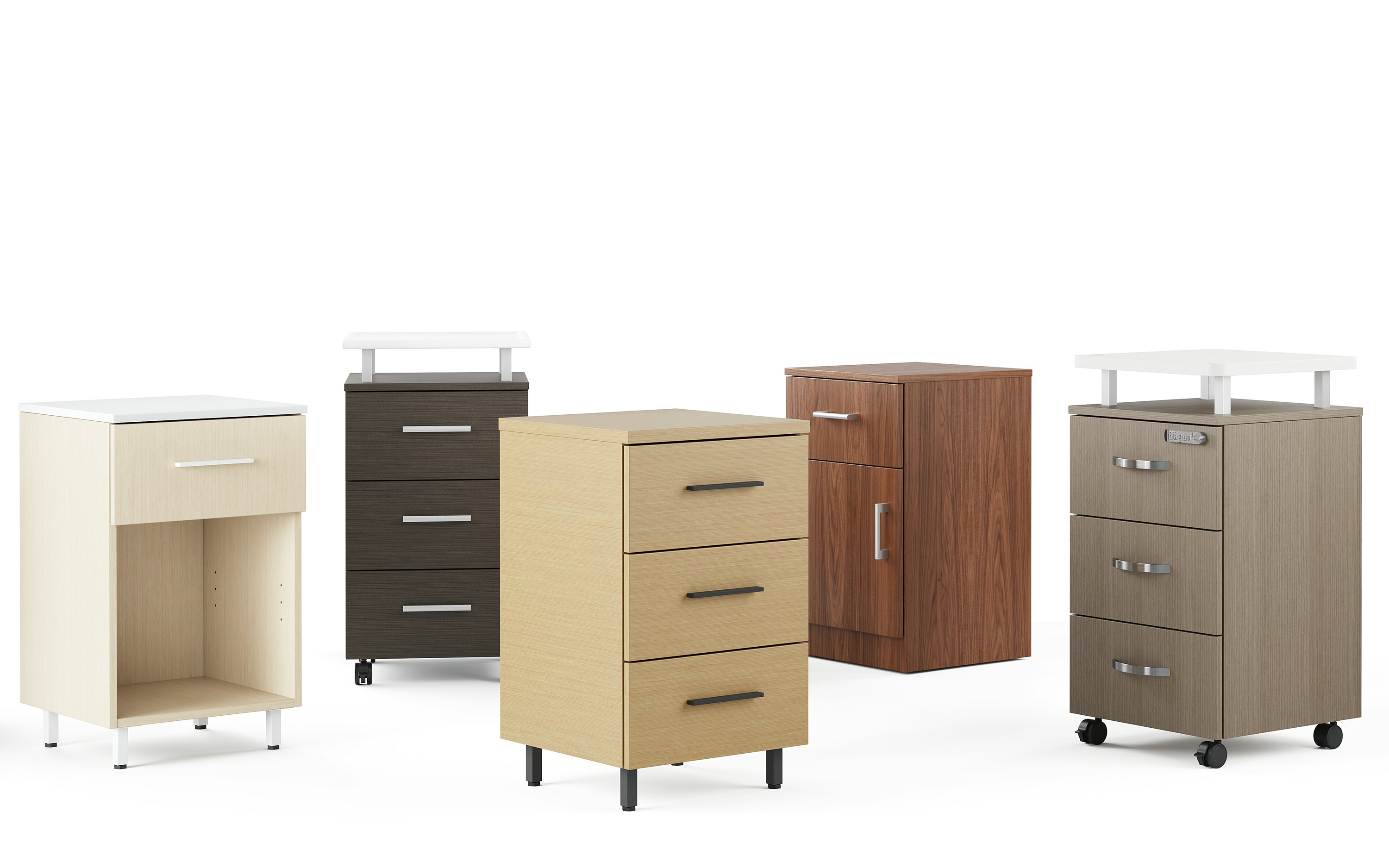 A group of five Nemschoff Bedside Cabinets in a variety of configurations and finishes.