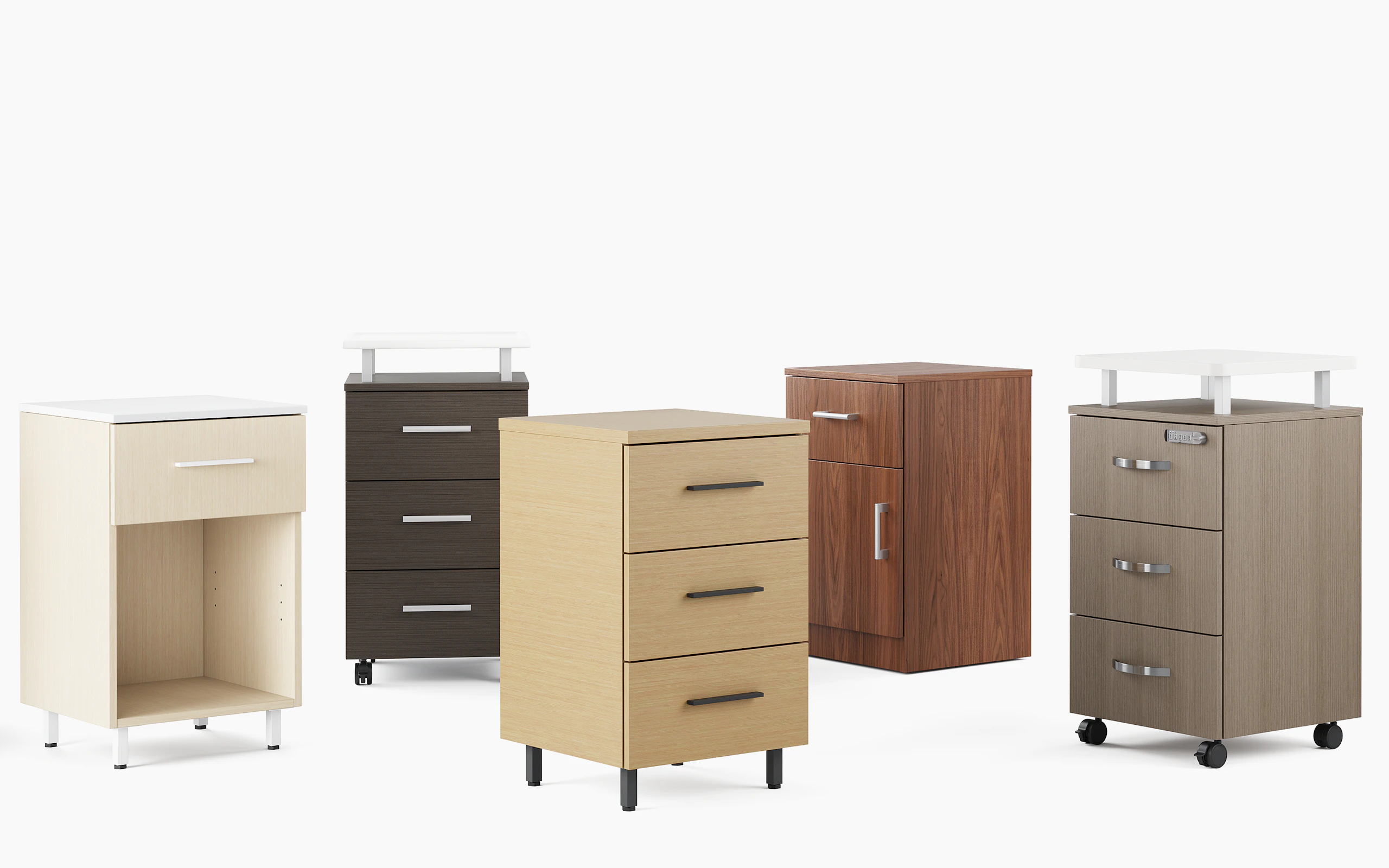 A group of five Nemschoff Bedside Cabinets in a variety of configurations and finishes.