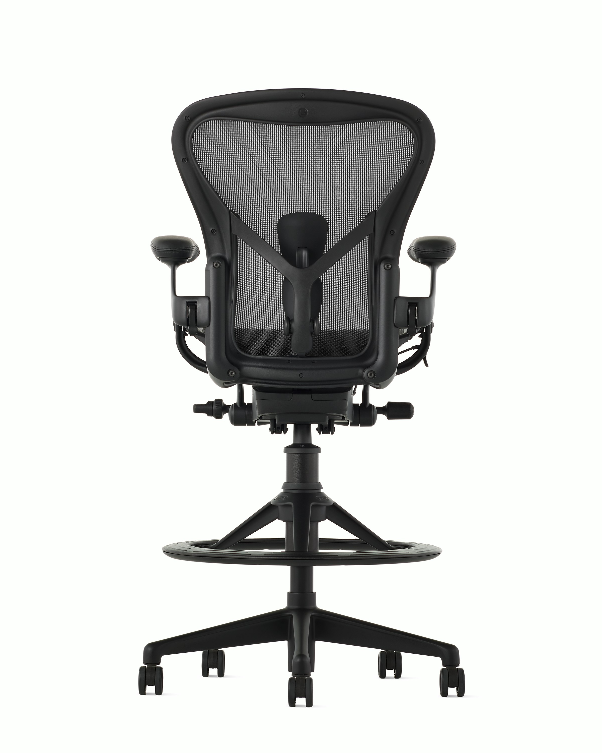 Black matte Aeron Stool on a white background with a 5-star base and ergonomic back support, view of the chair back.