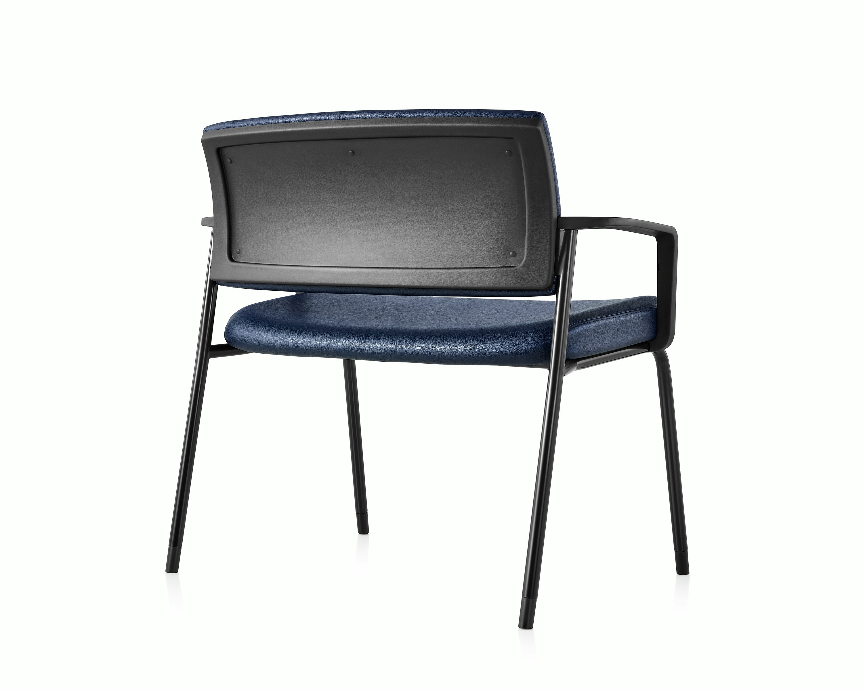 Back view of the Verus Plus Chair with arms, in blue vinyl upholstery.