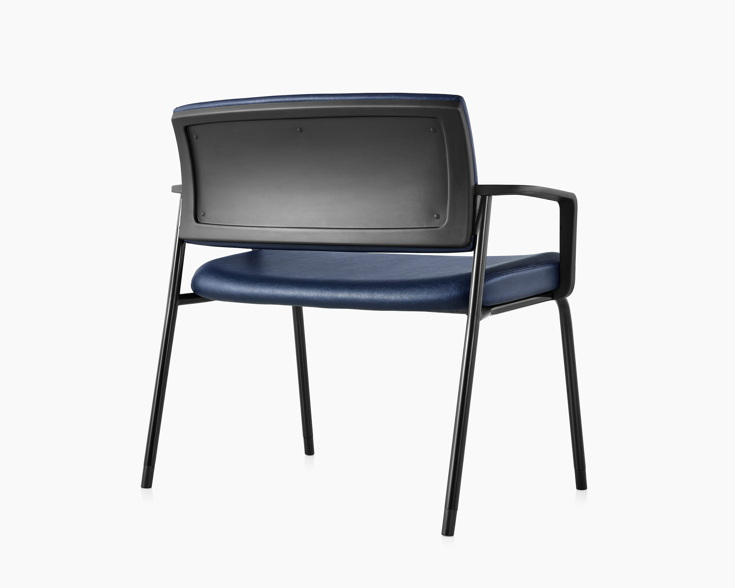 Back view of the Verus Plus Chair with arms, in blue vinyl upholstery.