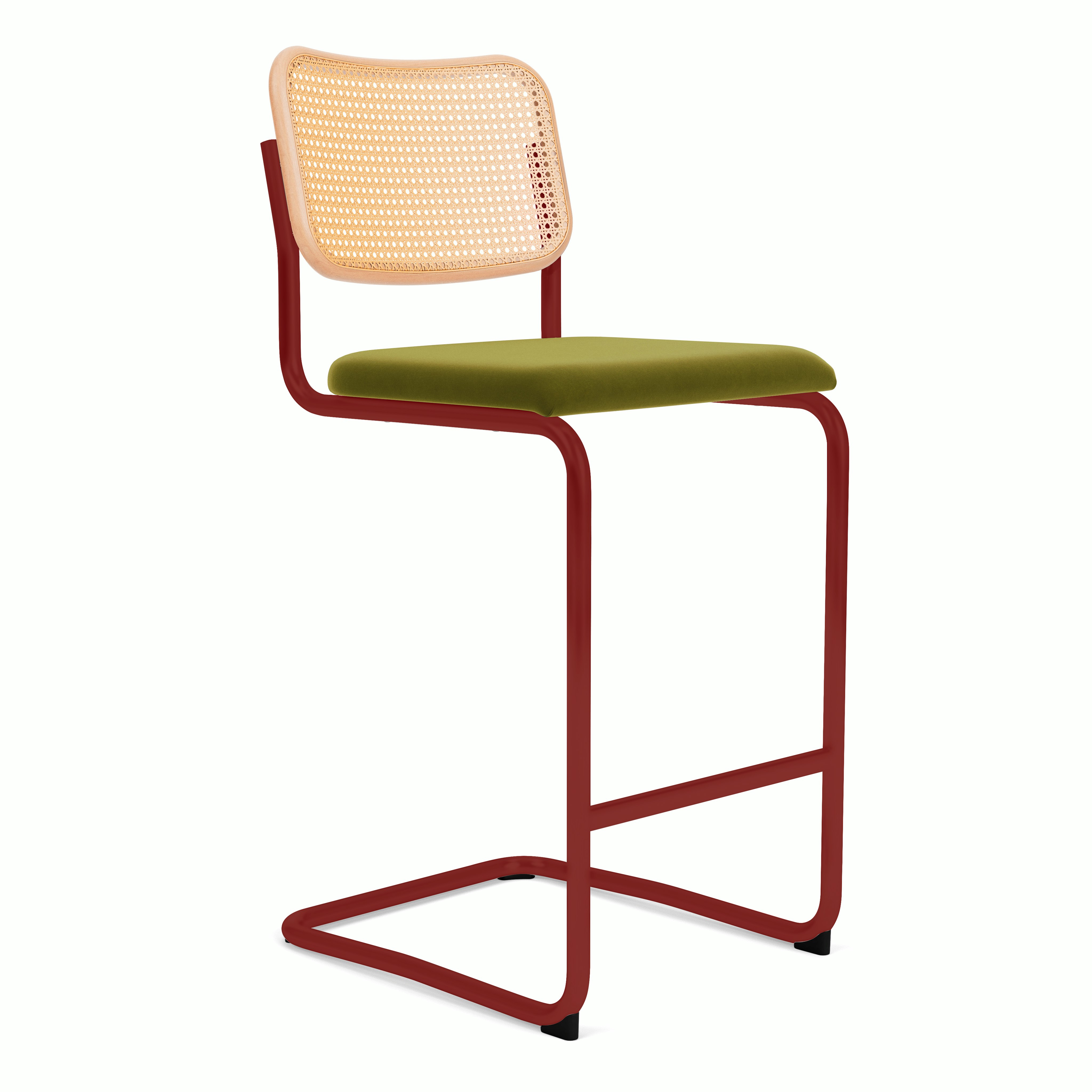 Cesca Upholstered Stool - Natural Beech,  Bar Height ,  Seat Pad,  Knoll Velvet,  moss,  red frame