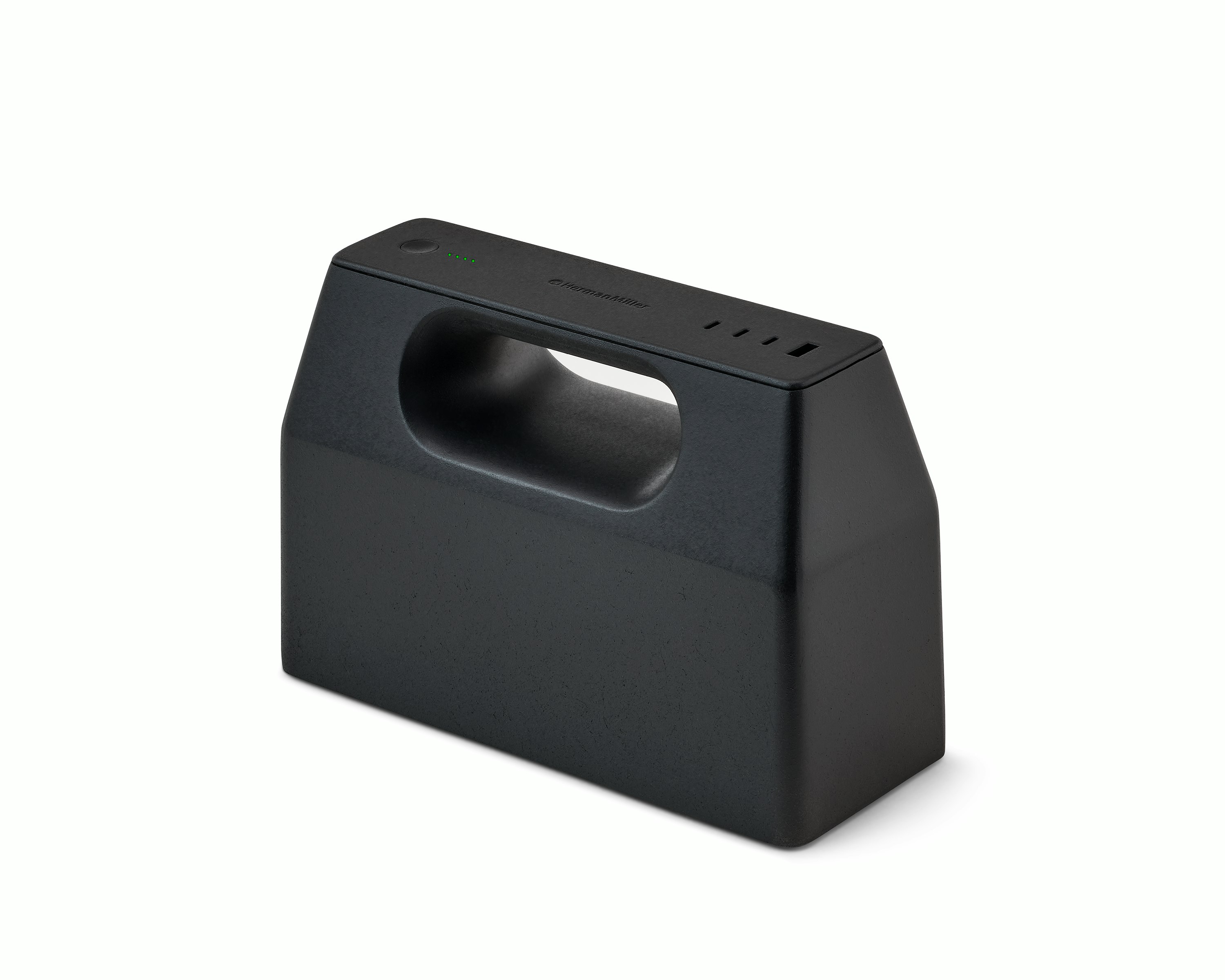 Black OE1 Power Pack viewed from an angle with four green charge indicator lights illuminated.