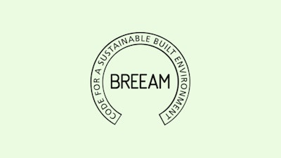 The BREEAM logo on a mint colored background.