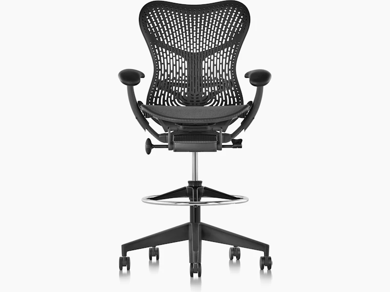 Front view of a Mirra 2 Stool with a Triflex back and adjustable arms in graphite.