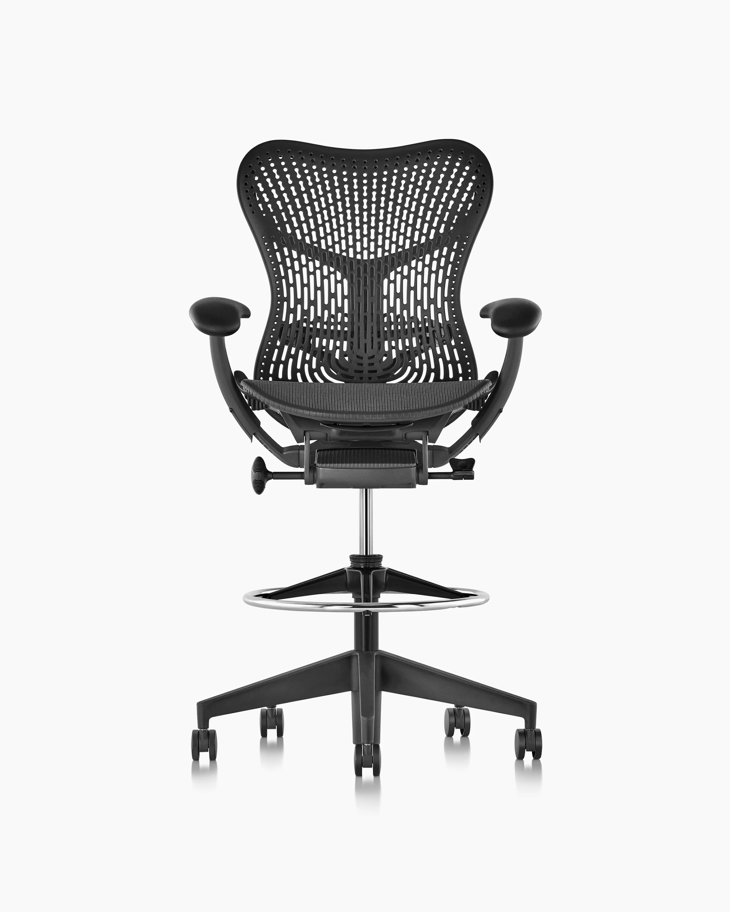 Front view of a Mirra 2 Stool with a Triflex back and adjustable arms in graphite.