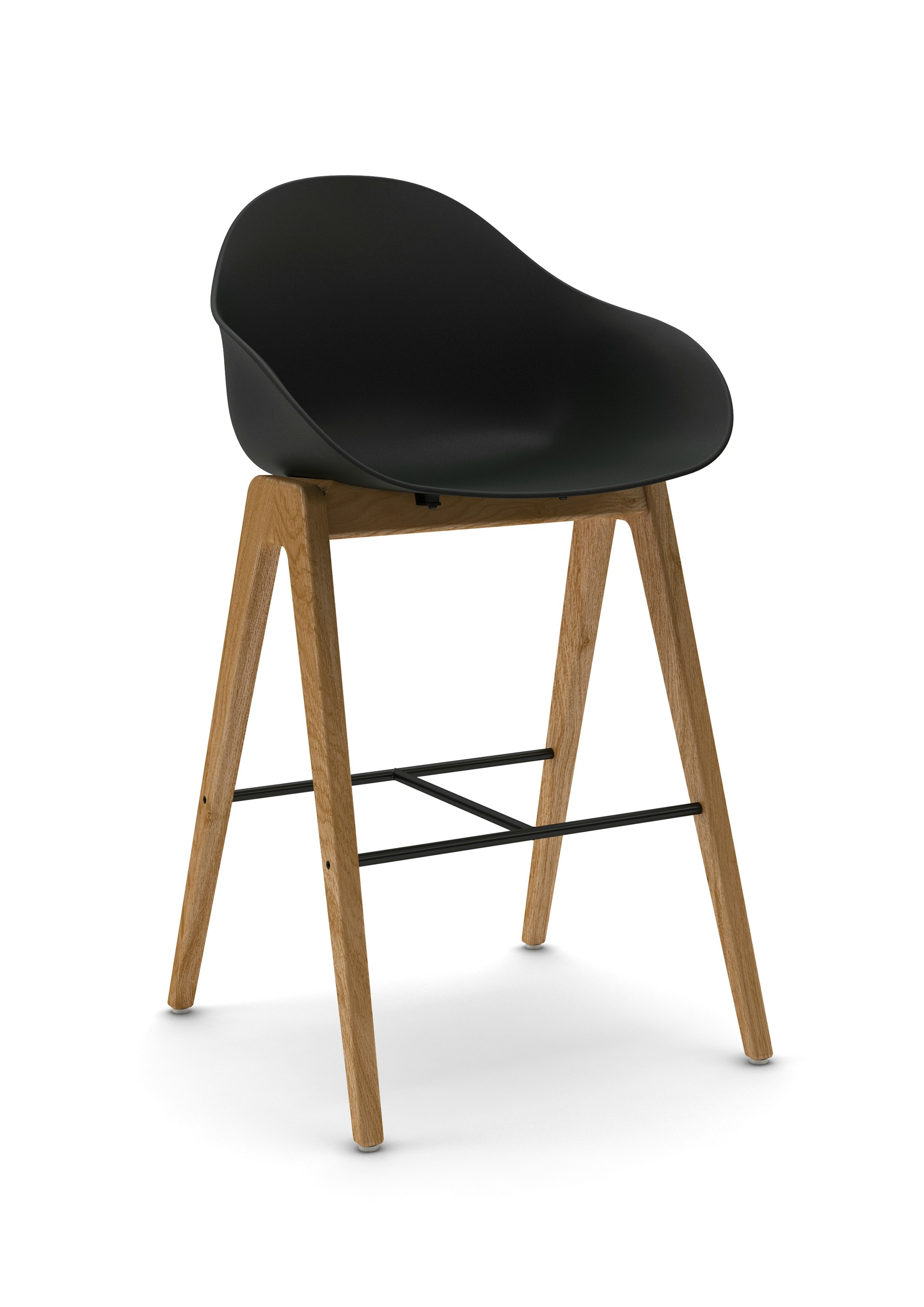 Three-quarter view of a Ruby Wood Stool on oak barstool base.