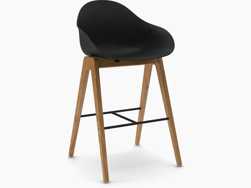 Three-quarter view of a Ruby Wood Stool on oak barstool base.