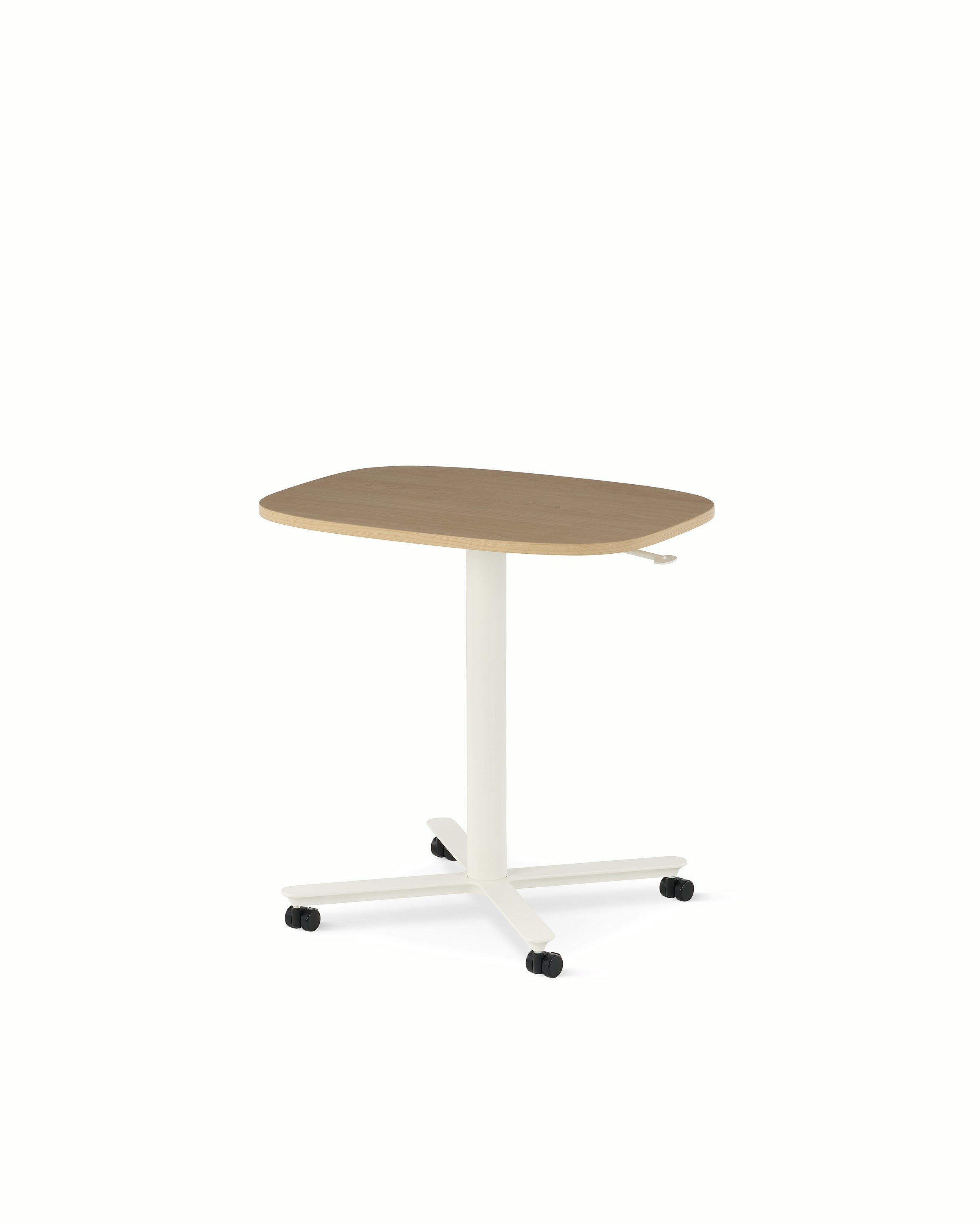 Large Passport Work Table with light woodgrain surface and white base shown on casters.