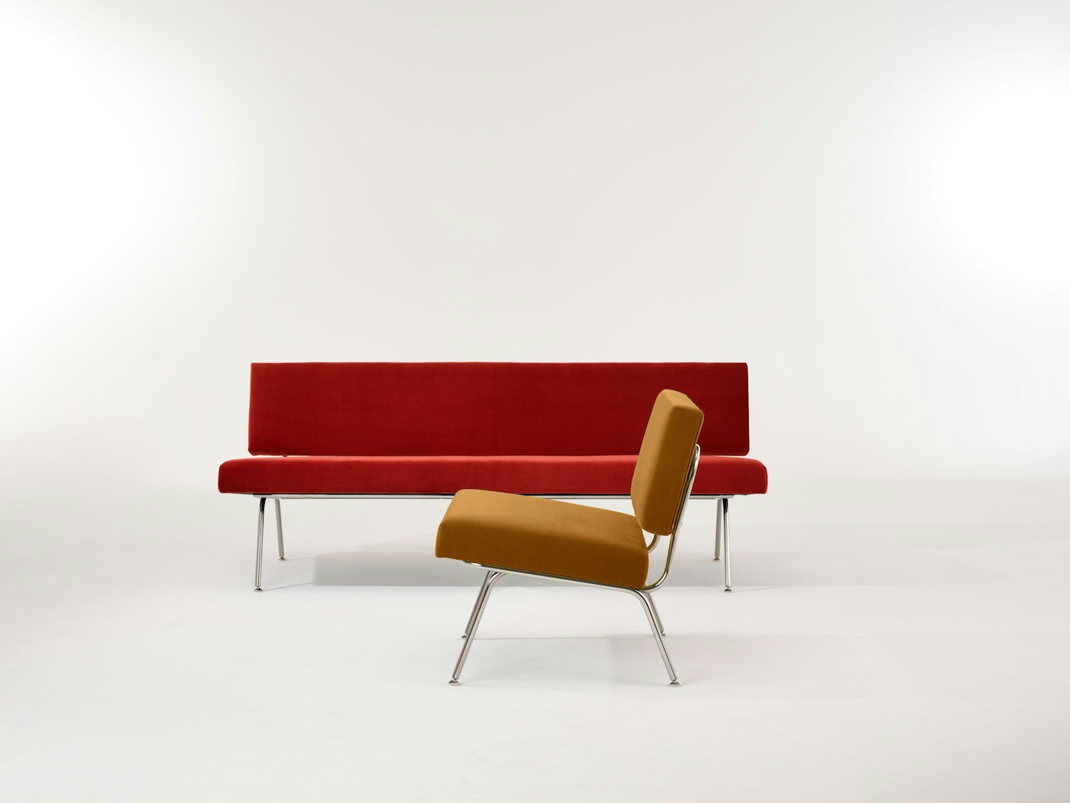 Florence Knoll Model 31 and Model 33 calais cotton velvet deep gold calais cotton velvet chili