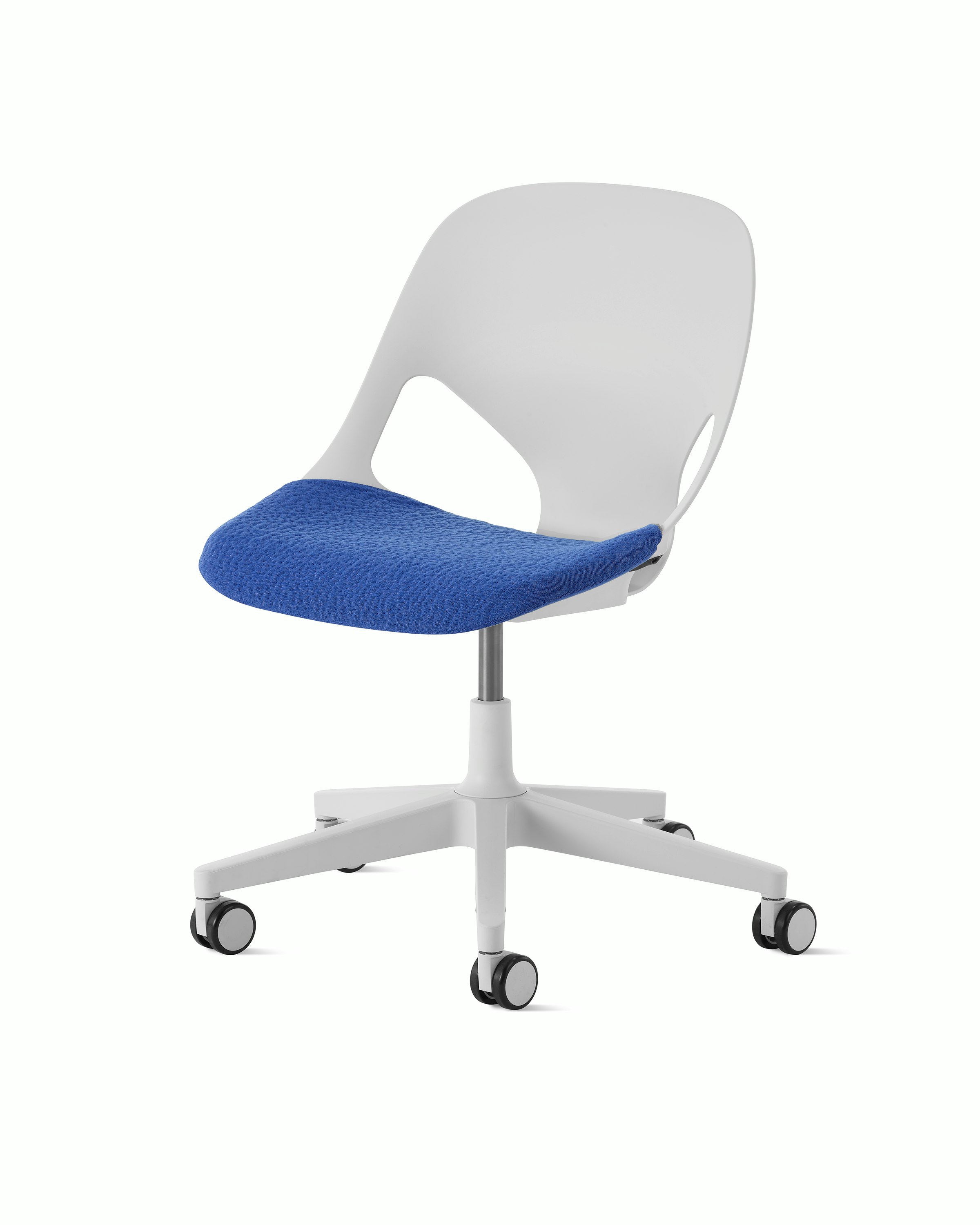 White task chair with bright blue seat pad