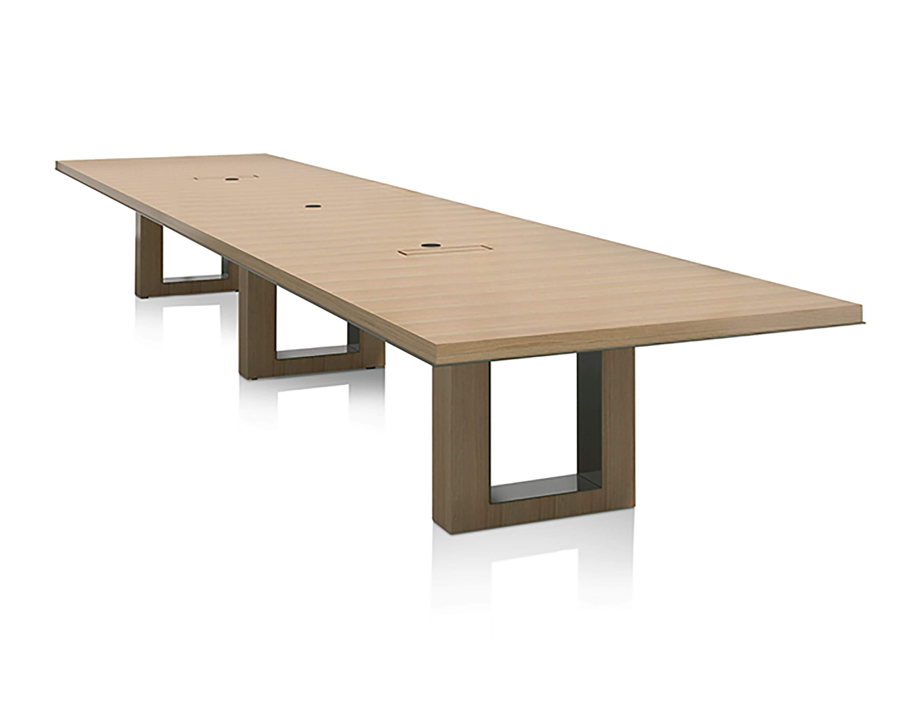Highline 50 Conference Table with Rift American White Oak top and base, tabletop power, angled view.