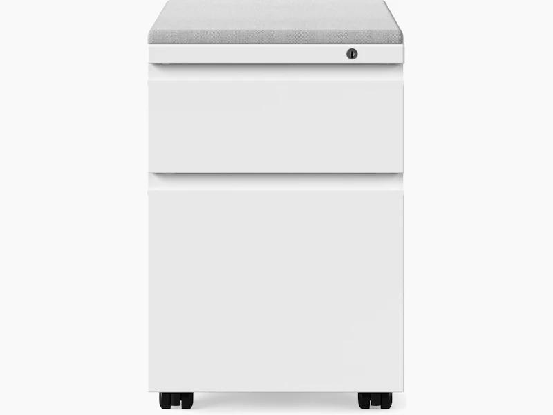 White Series 2 mobile pedestal storage with grey cushion top and black casters, viewed from the front.