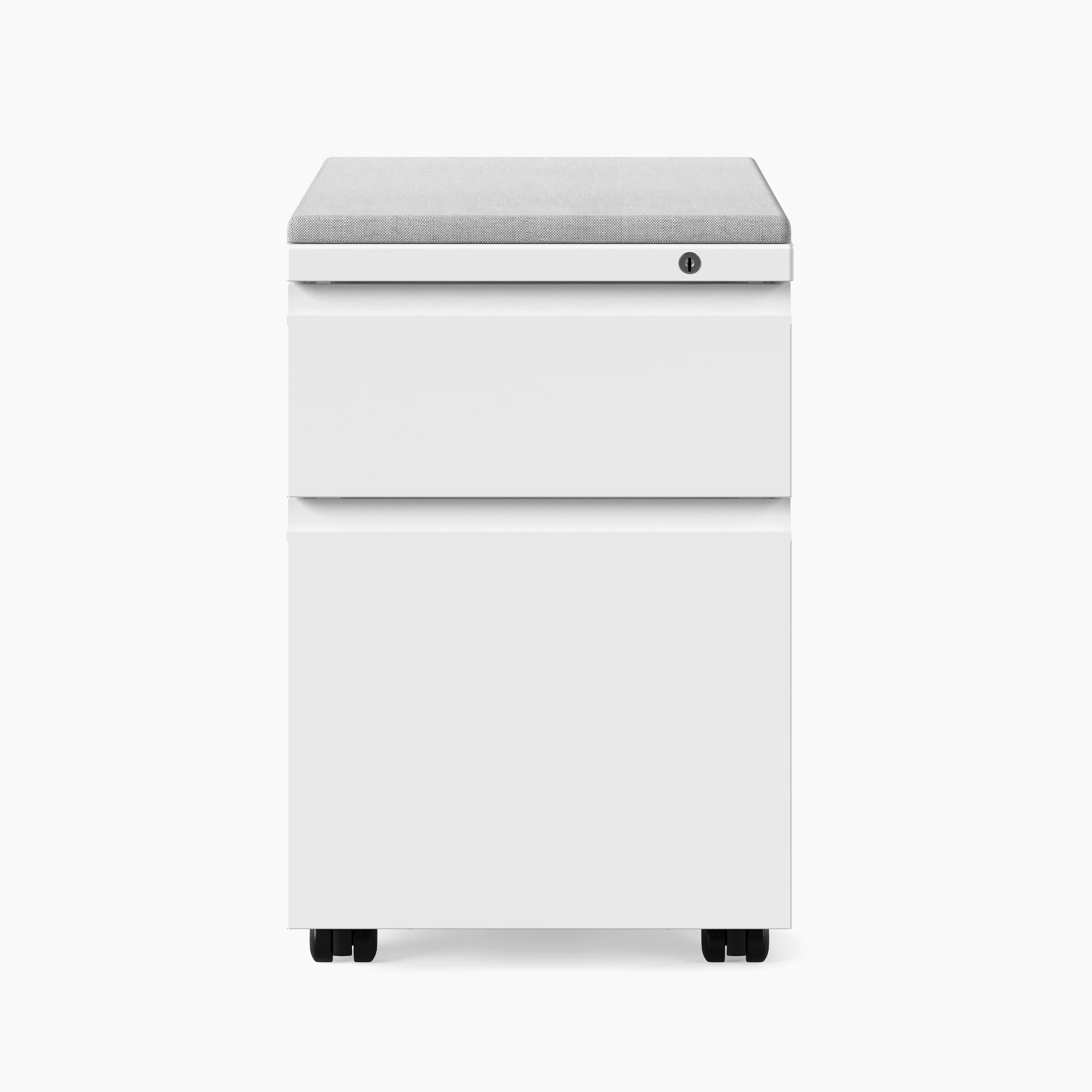 White Series 2 mobile pedestal storage with grey cushion top and black casters, viewed from the front.