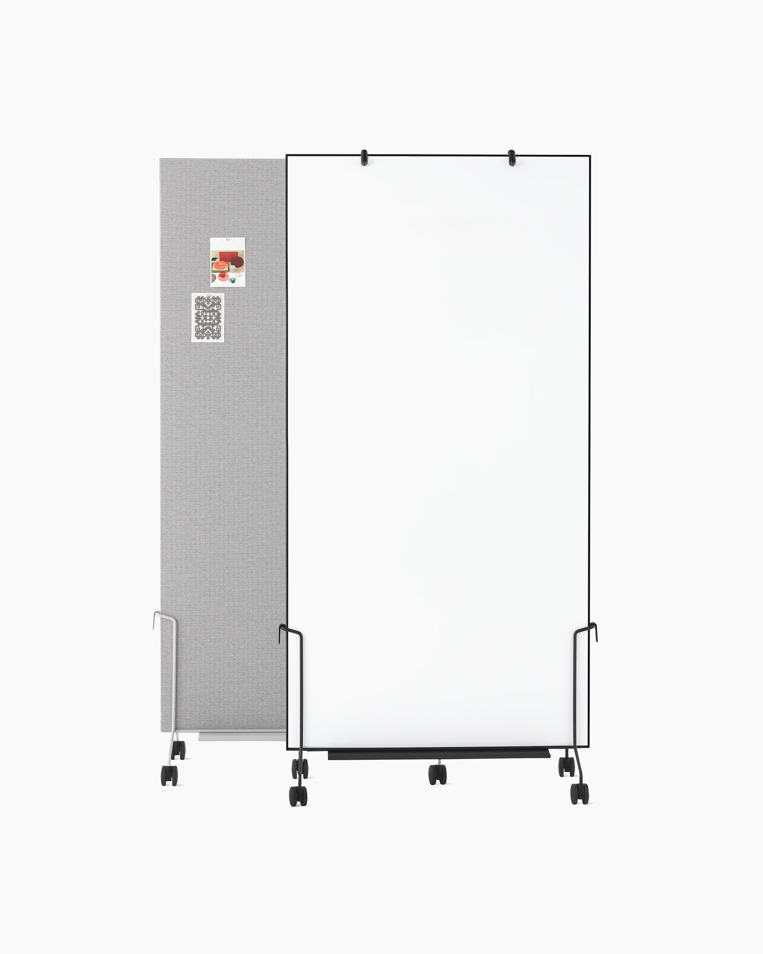 Two grey and black OE1 Mobile Easels with tackable project board and marker board.