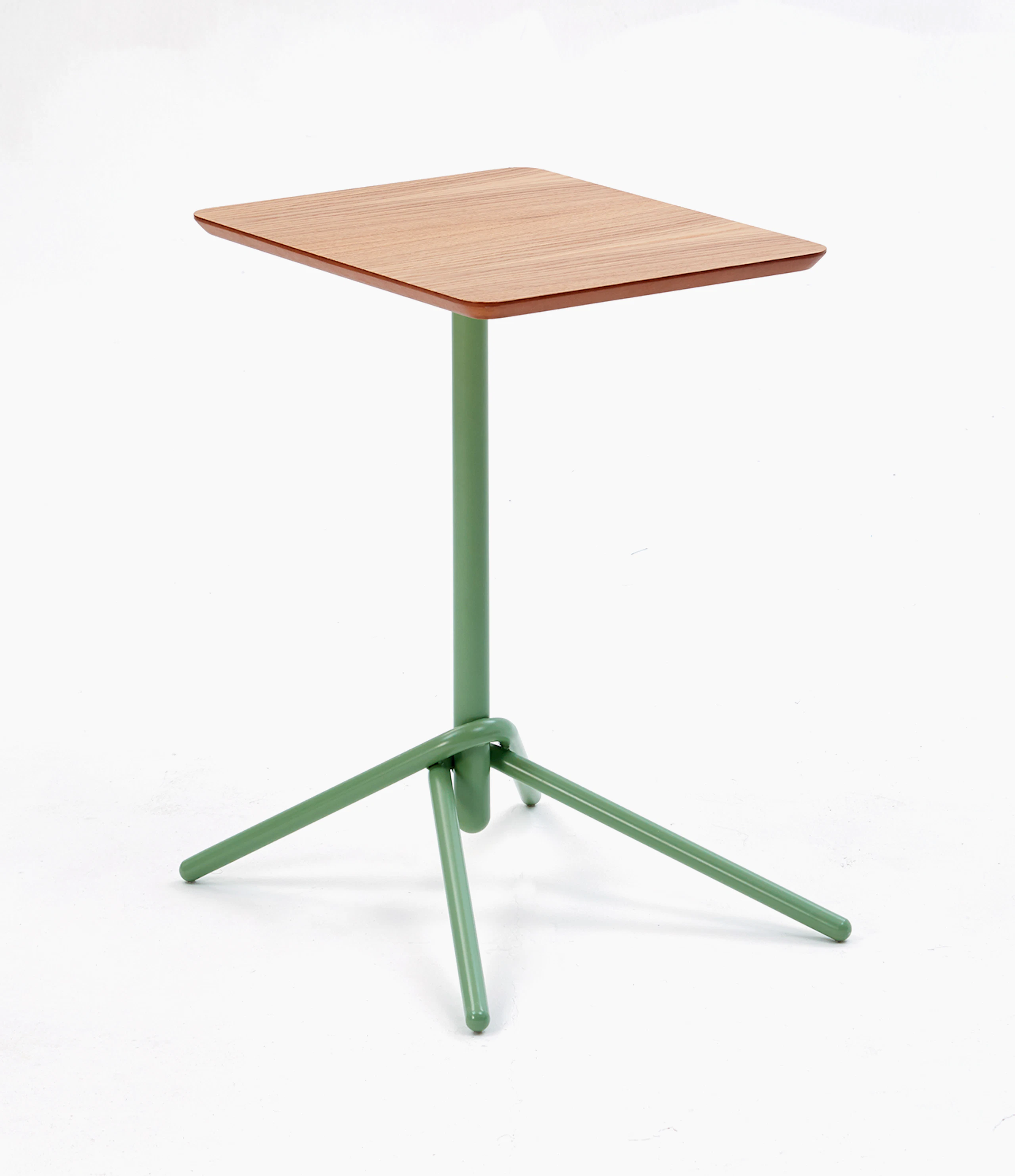 White sweep shot of Knot Side Table with pale green base and rectangular oak top.