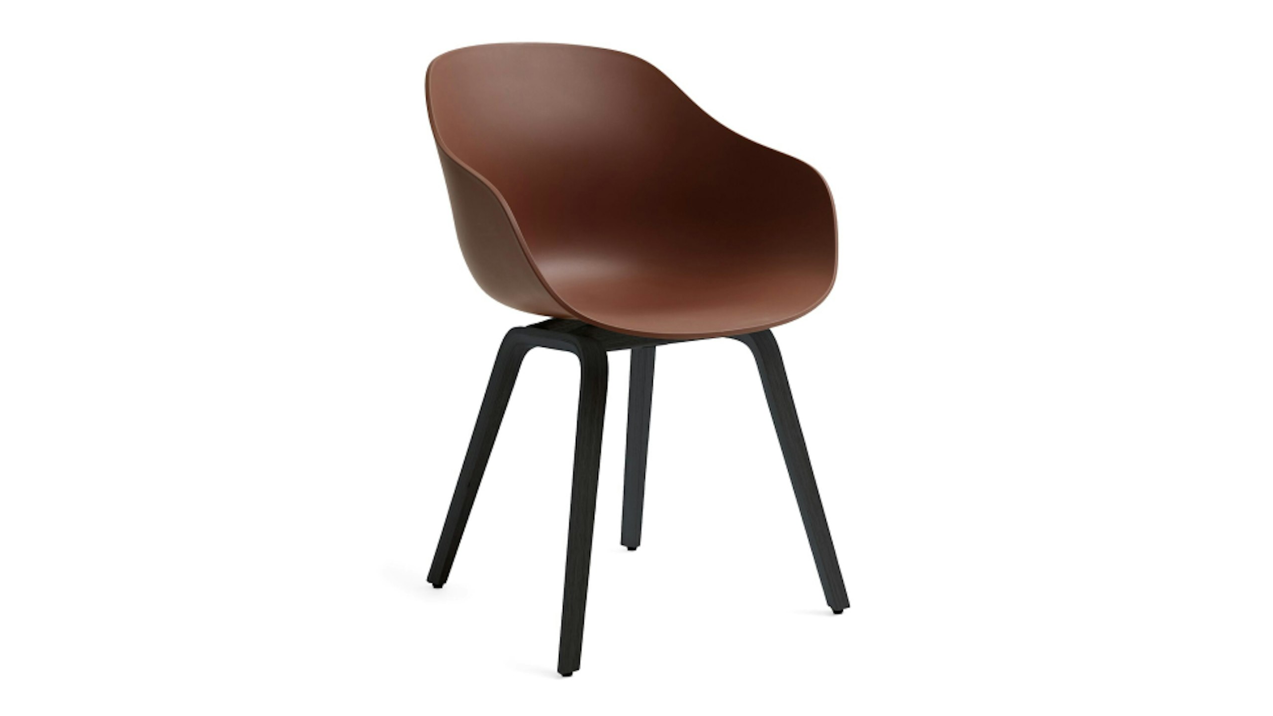 A front 3/4 view of a brown HAY About A chair on a white background