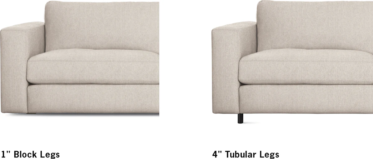 Image showing two beige upholstered armchairs with 1" block legs and 4" tubular legs, product comparison.