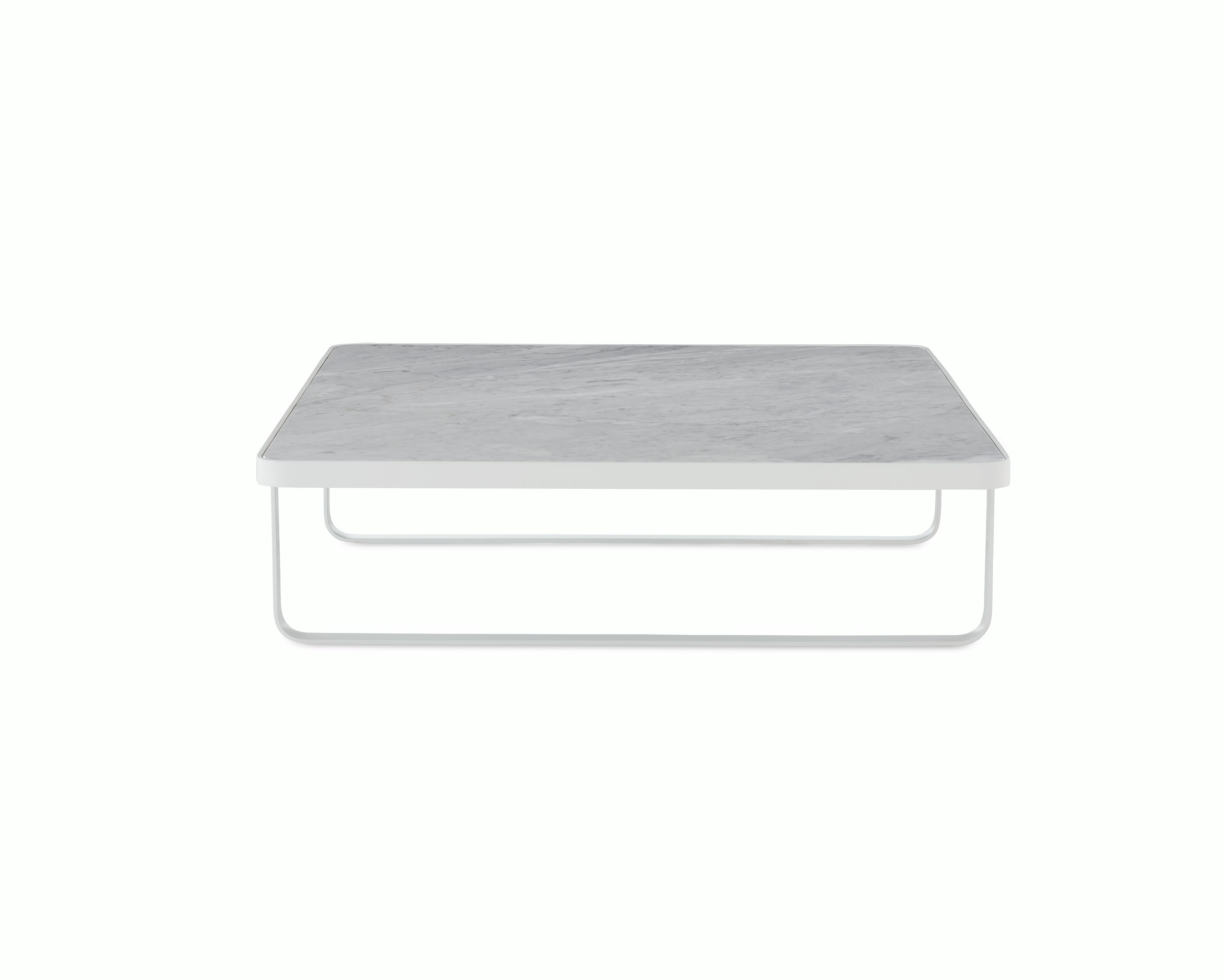 White sweep shot of white Trace Square Coffee Table with marble top.