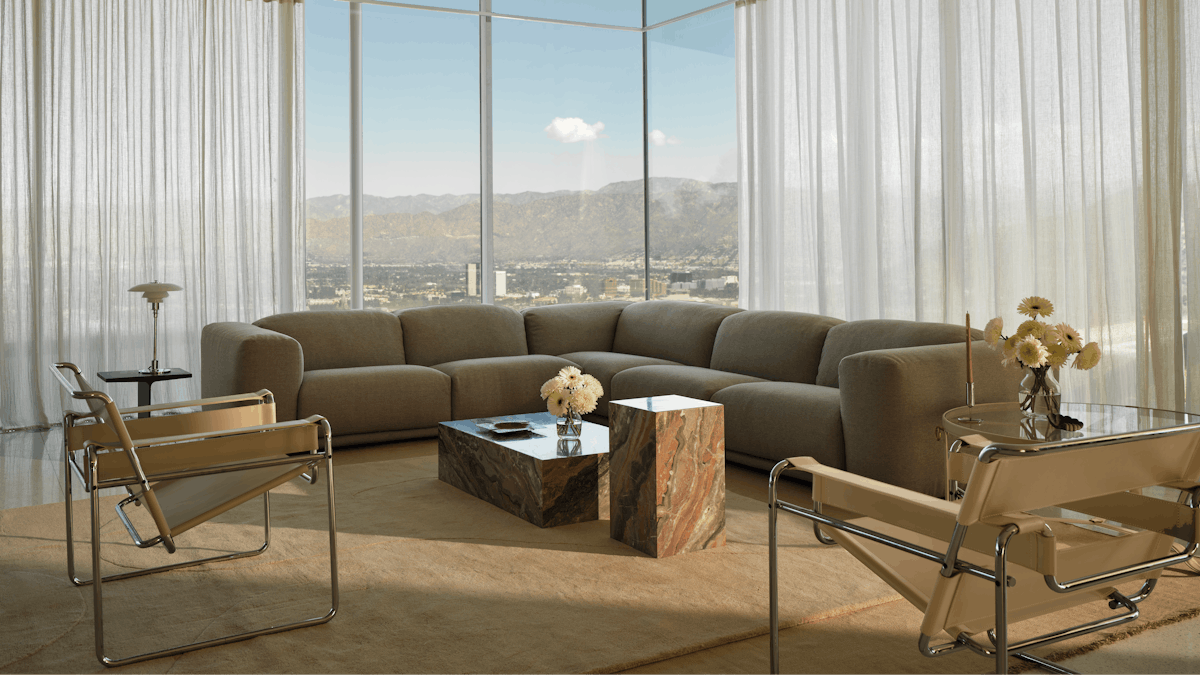 Kelston Corner Sectional, Wassily Chairs and Plinth Tables in a living room setting