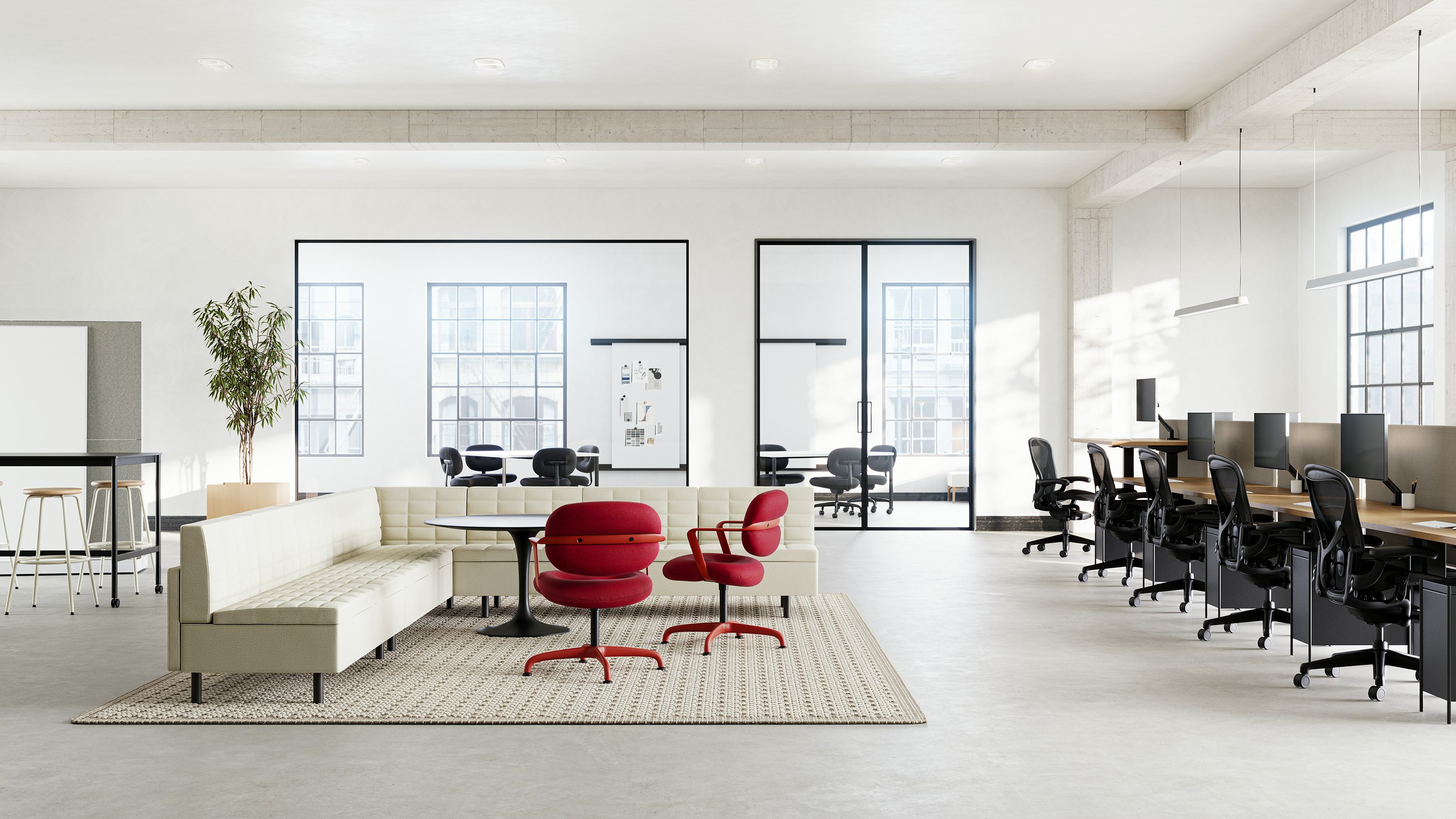 Multiple settings using the Morrison Hannah chair and side chair across a floor plate.