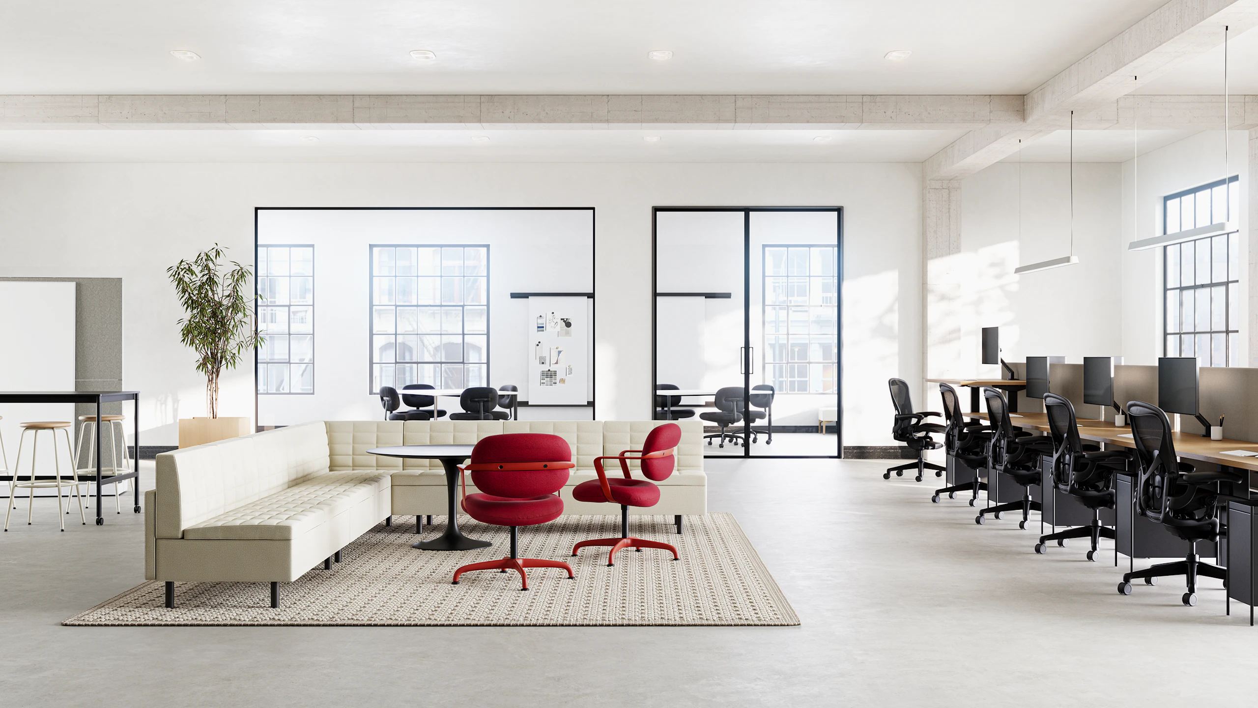 Multiple settings using the Morrison Hannah chair and side chair across a floor plate.