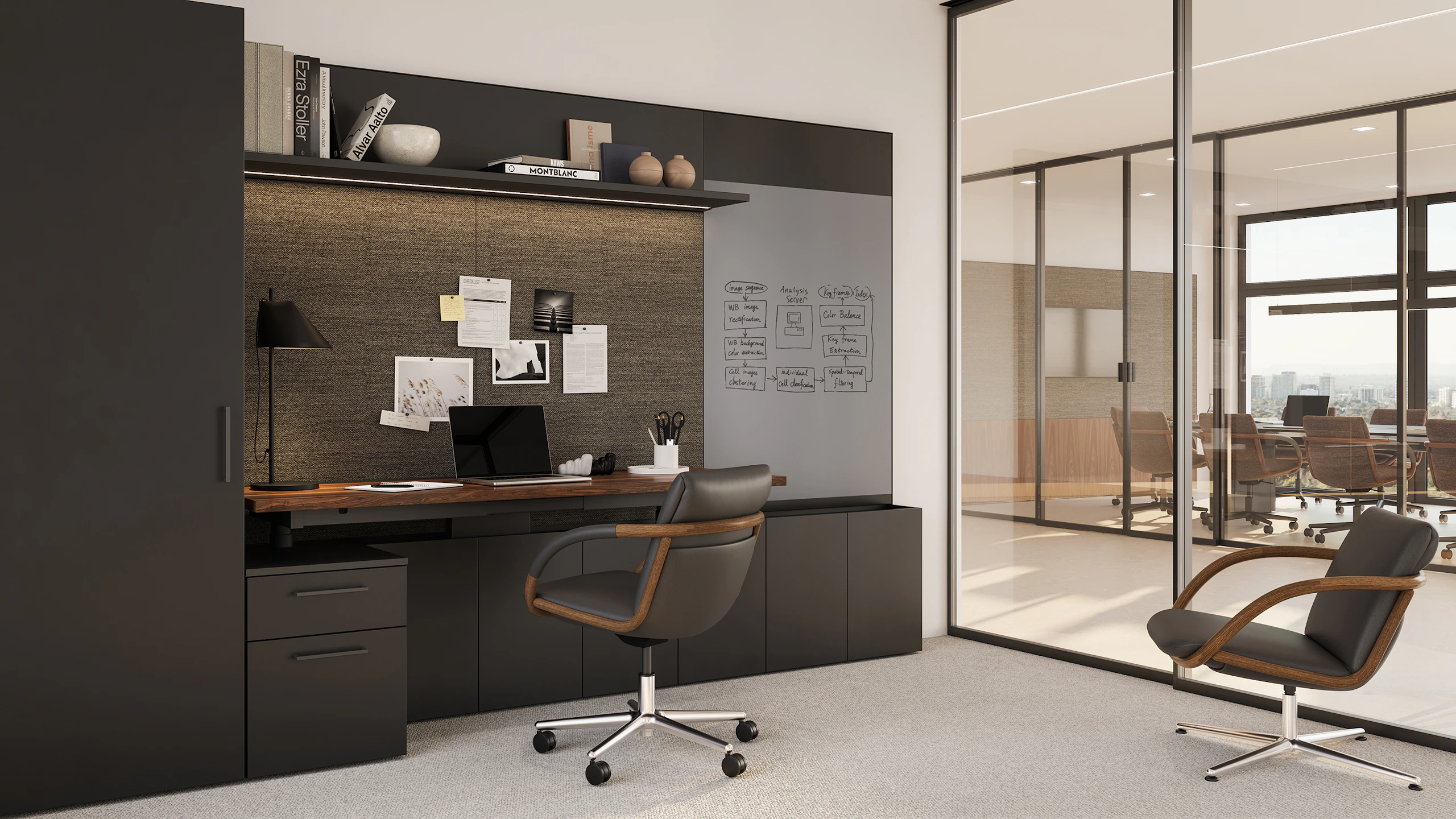 Full Loop Office Chair with a Geiger One Private Office set up and a Full Loop Lounge Chair in the corner.