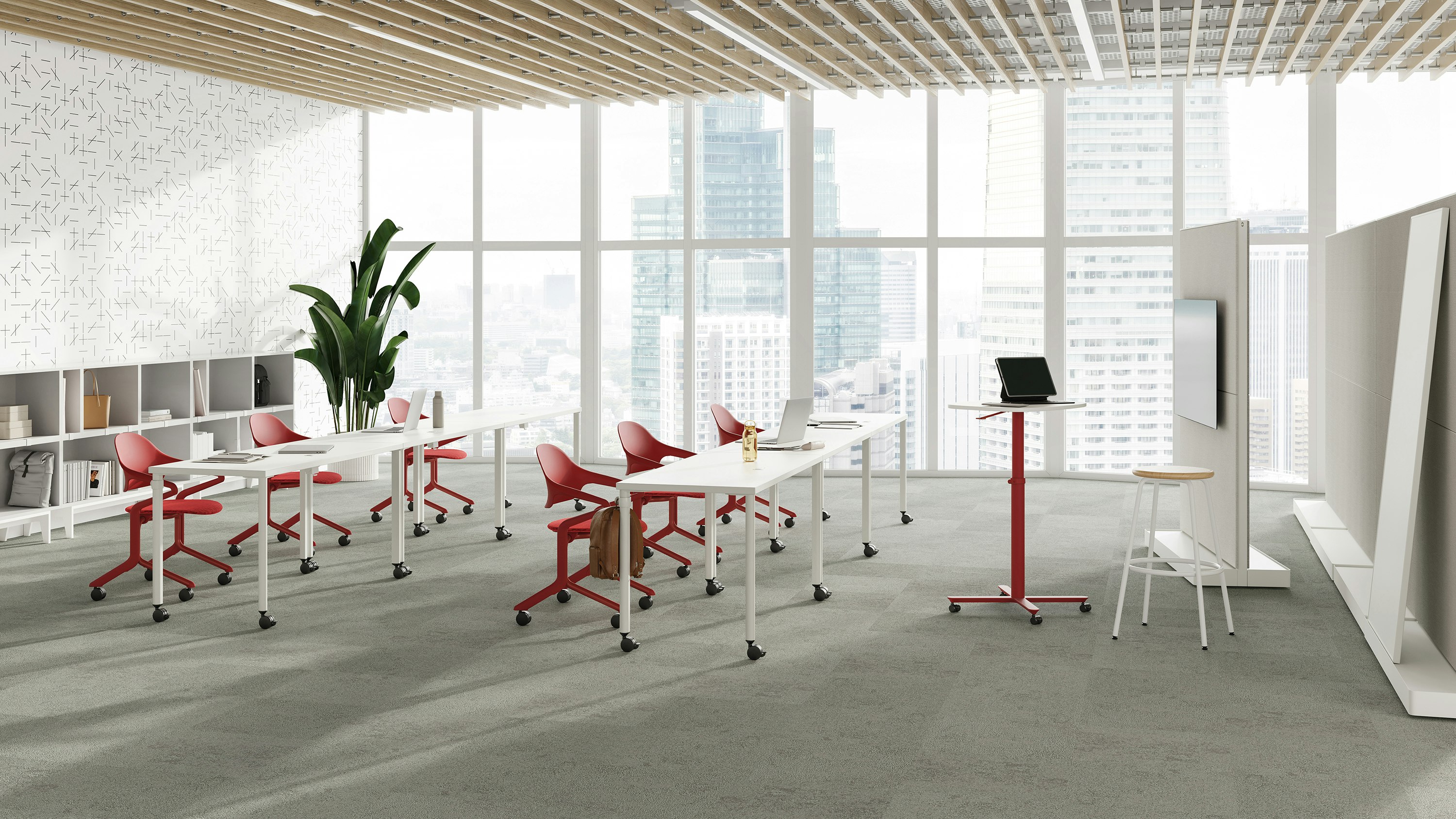 A training setting featuring two rows of rectangular tables and Fuld chairs in canyon.