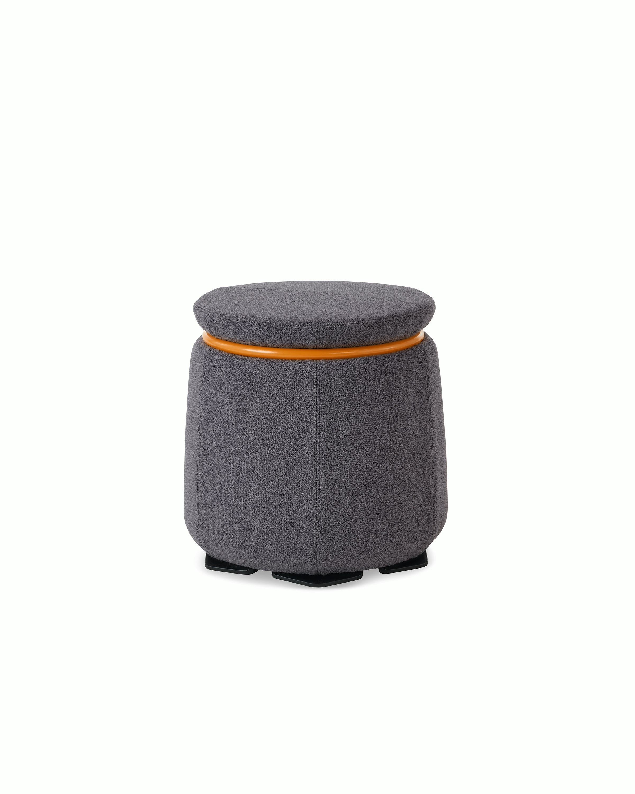White background shot of Lasso stool with grey fabric and yellow ring.