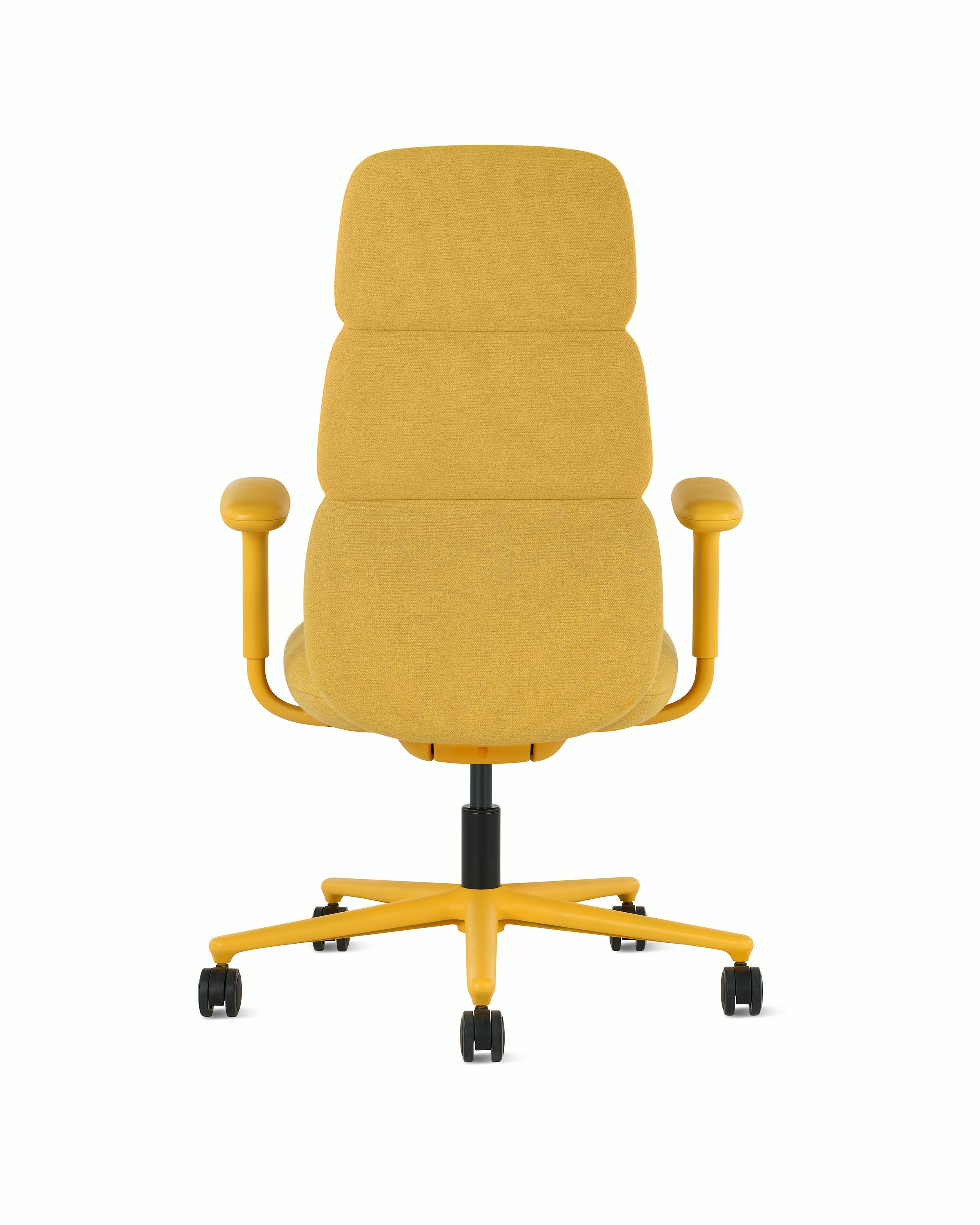 Rear view of a high-back Asari chair by Herman Miller in yellow with height adjustable arms.