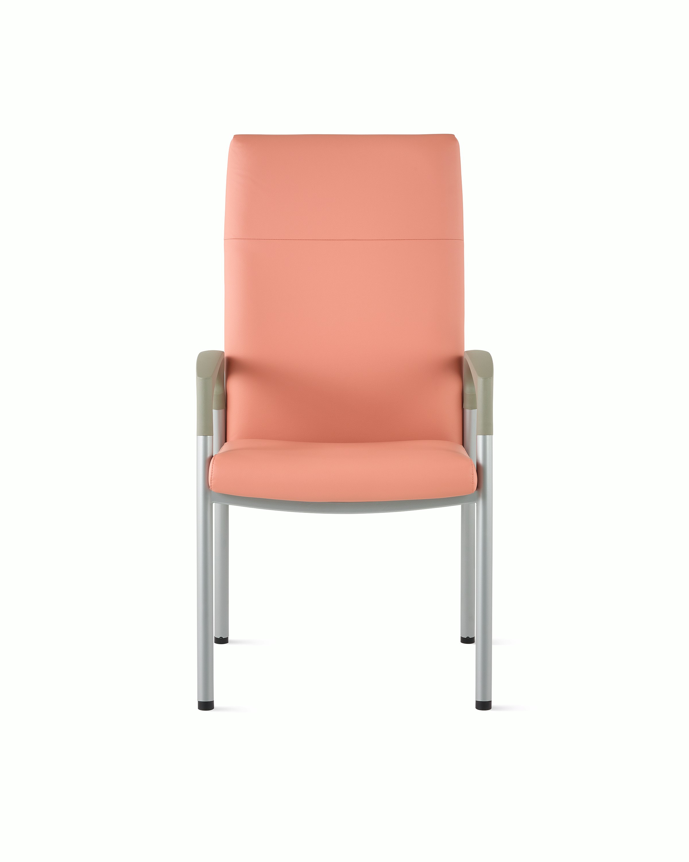 Front view of a high-back Valor patient chair in a salmon upholstery and silver frame with pewter armcaps.