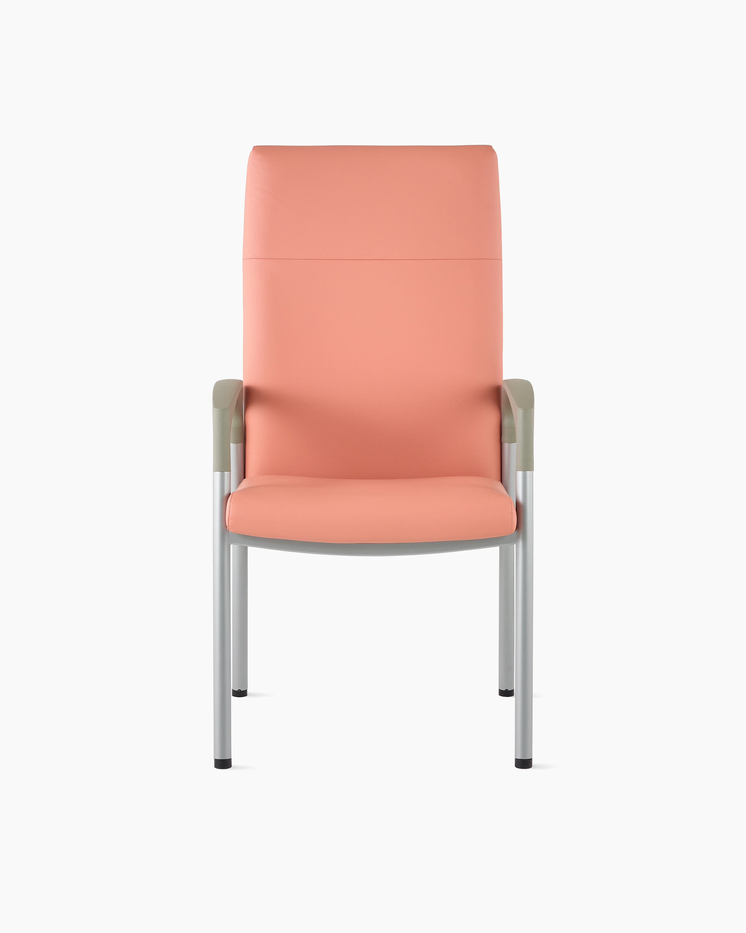 Front view of a high-back Valor patient chair in a salmon upholstery and silver frame with pewter armcaps.