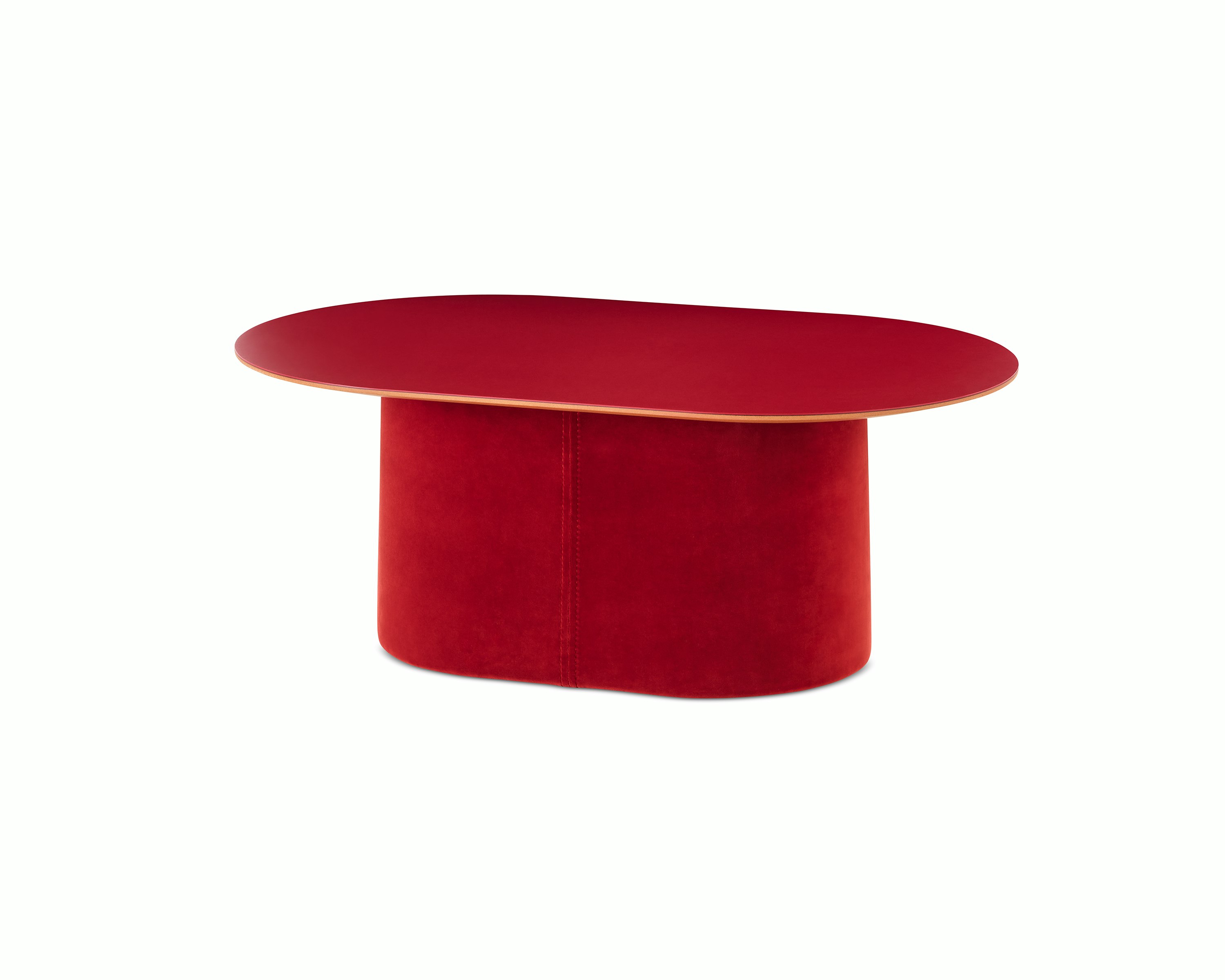 A front angled view of a Tun Coffee Table with deep-red upholstered base and red Forbo table top.