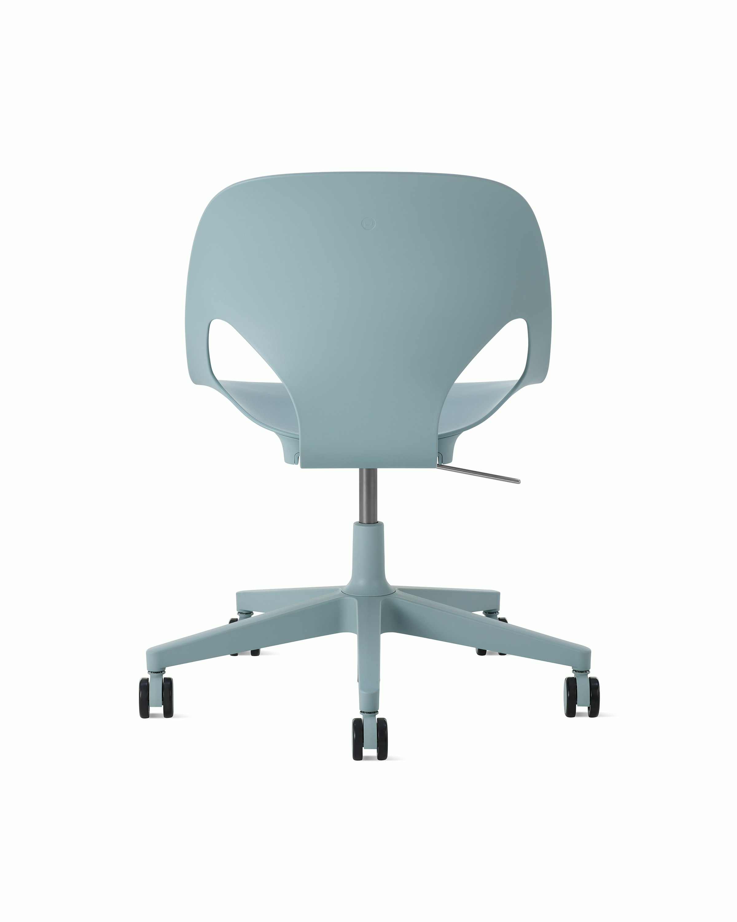Rear view of a light blue armless Zeph chair.