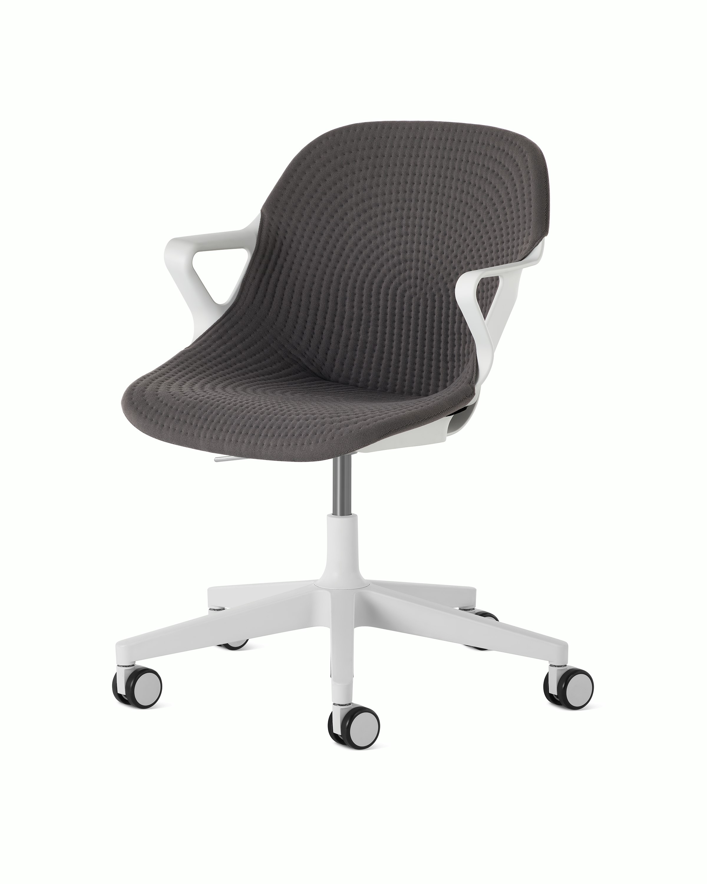 Front angle view of a Zeph chair  with fixed arms in light grey with a dark grey knit cover