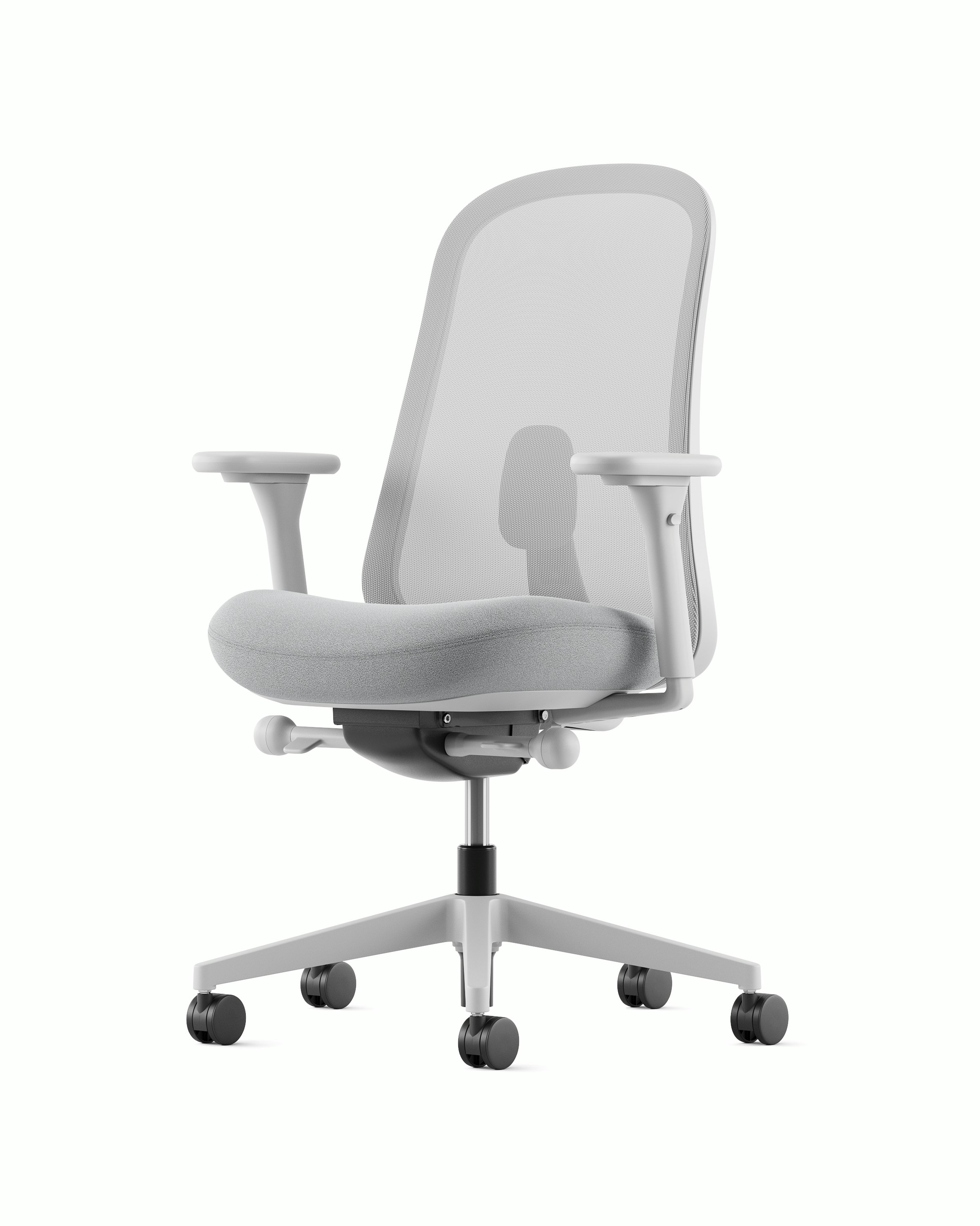 Grey Lino Chair with adjustable sacral lumbar support, viewed from the front at an angle.