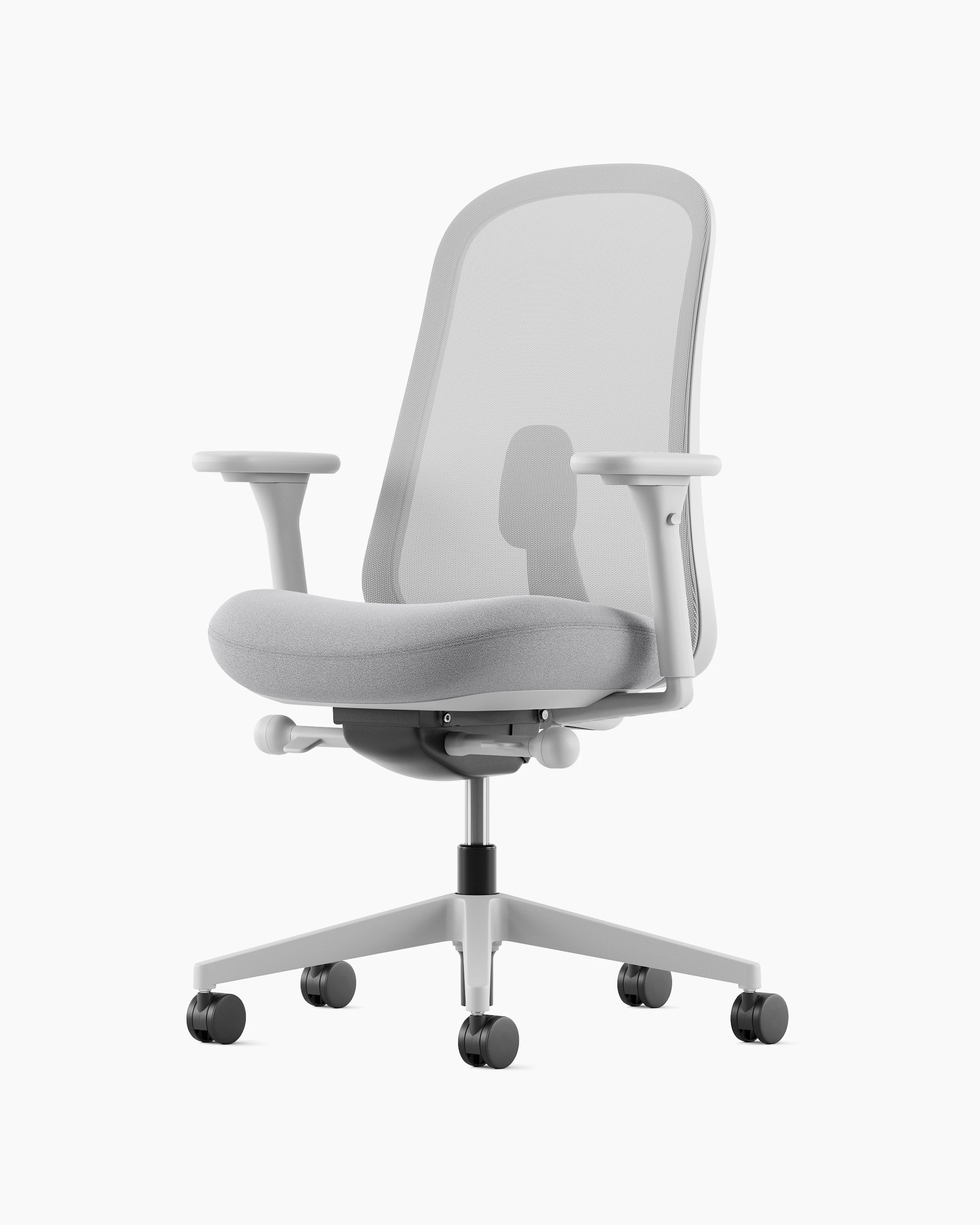 Grey Lino Chair with adjustable sacral lumbar support, viewed from the front at an angle.