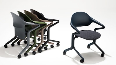 Four Fuld Nesting Chairs in various colors and finishes nested in a group next to a single Fuld Nesting Chair in Nightfall with the 3D Knit textile.