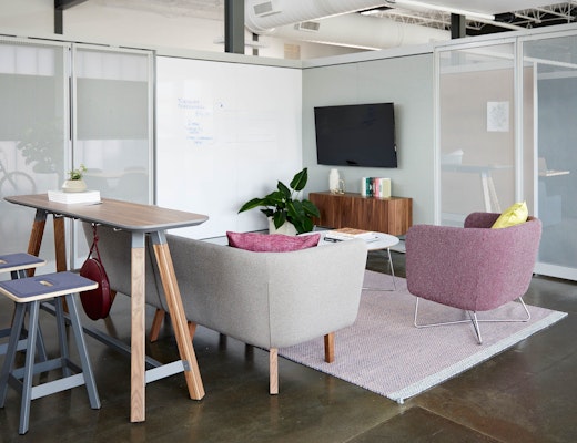 Rockwell Unscripted Team Meeting Lounge rockwell unscripted creative wall perforated steel pivot fins fixed fins team meeting lounge tall table drink rail easy stools modular lounge sofa club chair wire base occasional table coffee table credenza tv monitor markerboard muuto ply rug