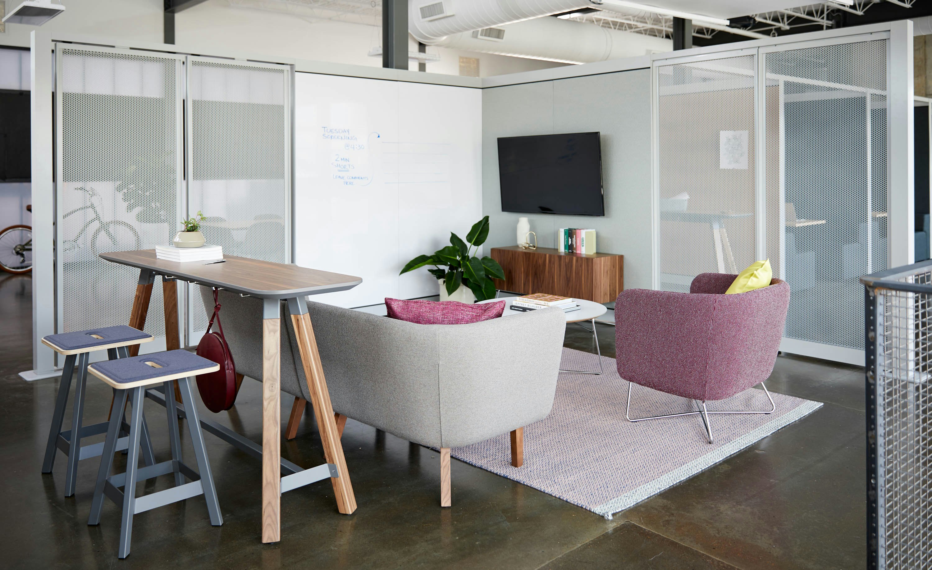 rockwell unscripted creative wall perforated steel pivot fins fixed fins enclosed rooms team meeting lounge tall table drink rail easy stools modular lounge sofa club chair wire base occasional table coffee table credenza tv monitor support markerboard muuto ply rug