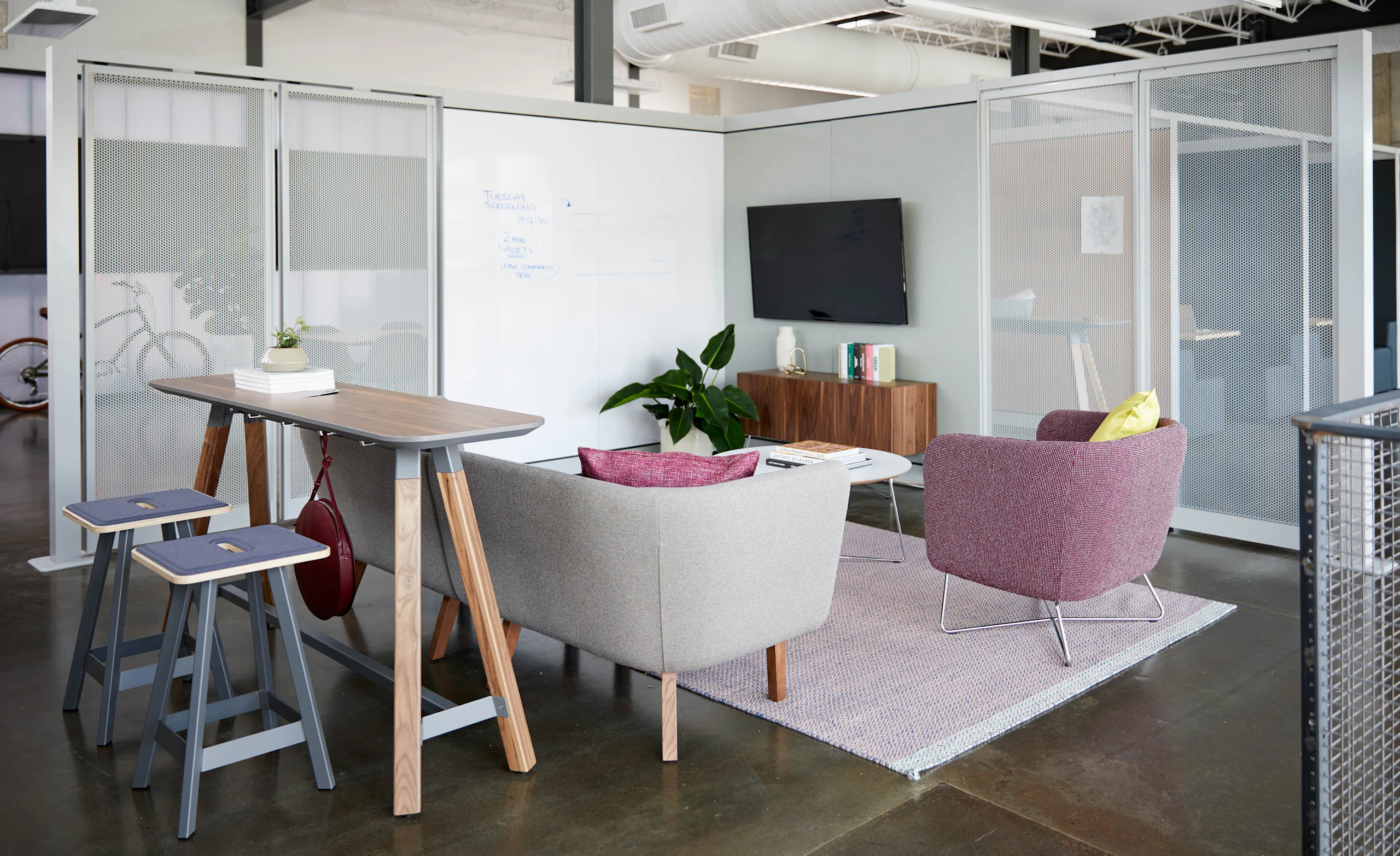 rockwell unscripted creative wall perforated steel pivot fins fixed fins enclosed rooms team meeting lounge tall table drink rail easy stools modular lounge sofa club chair wire base occasional table coffee table credenza tv monitor support markerboard muuto ply rug