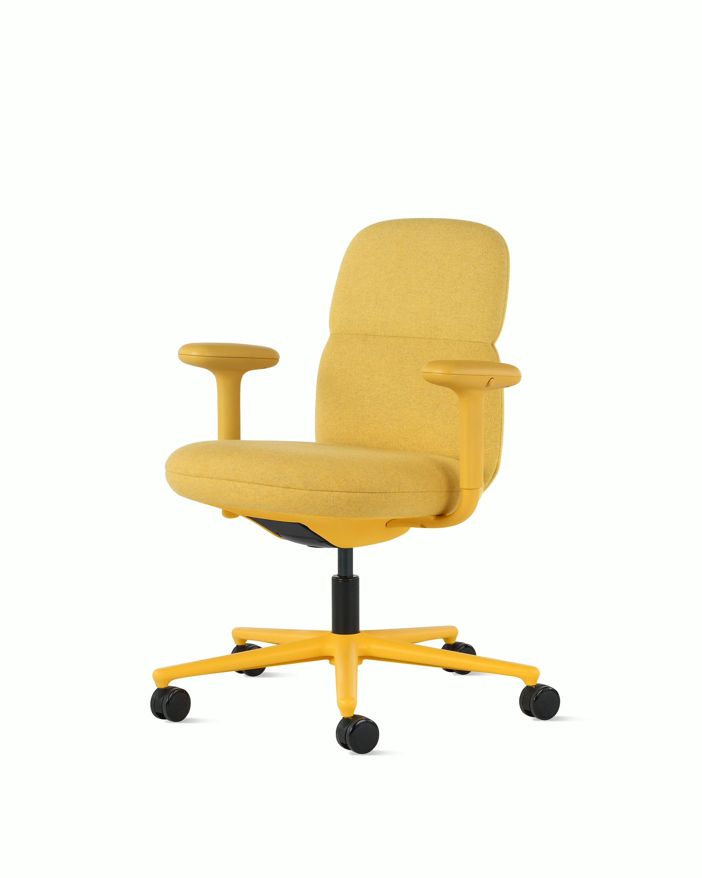 Front angle view of a mid-back Asari chair by Herman Miller in yellow with height adjustable arms.
