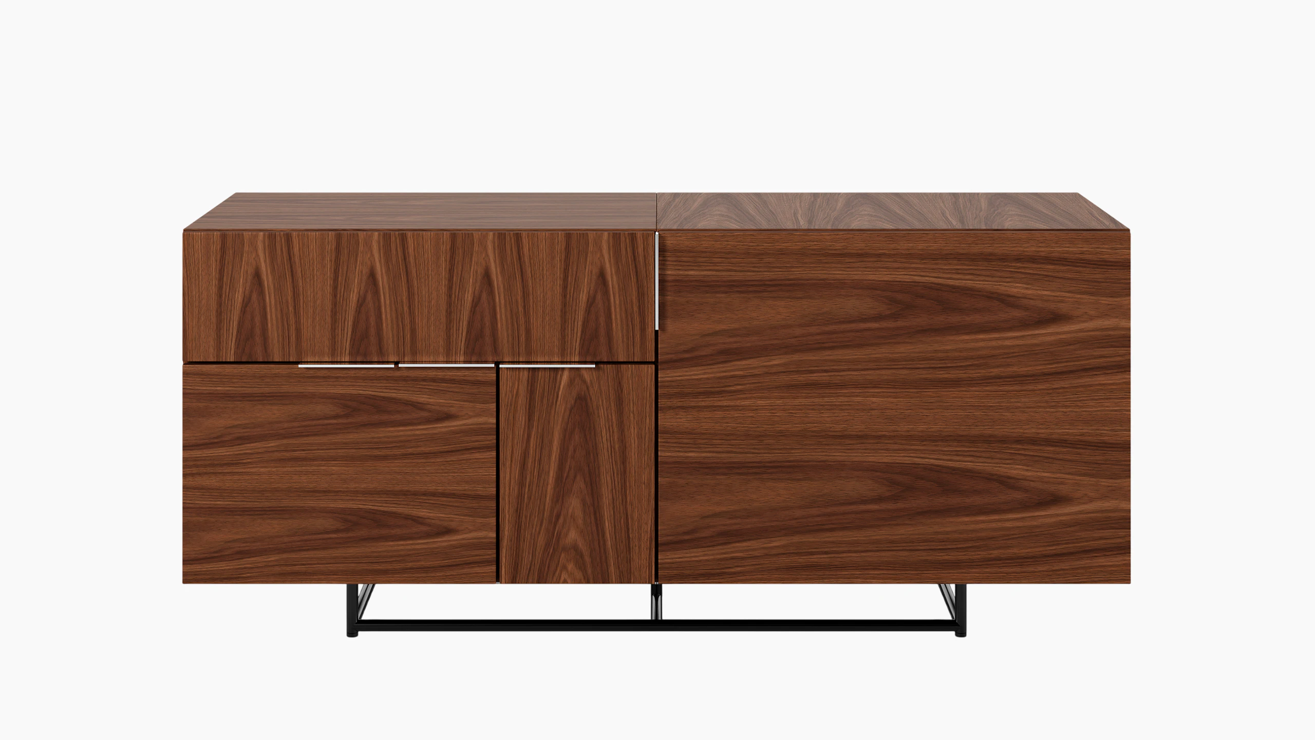 Two unit wide Domino Credenza with mixed storage in walnut with a black base viewed from the front.