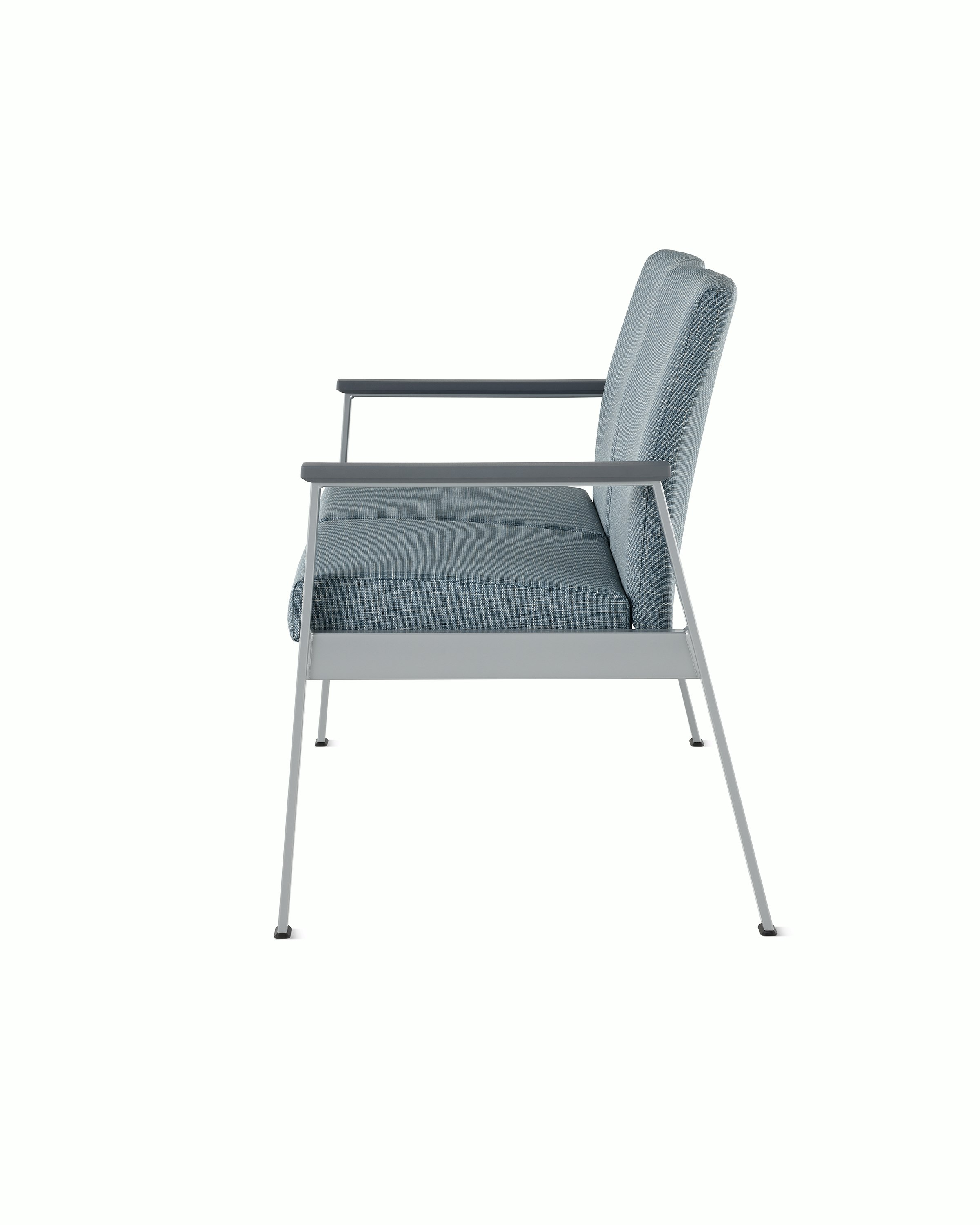Side view of Easton Multiple Seating with two seats, blue upholstery, metallic silver frame and grey arm caps.
