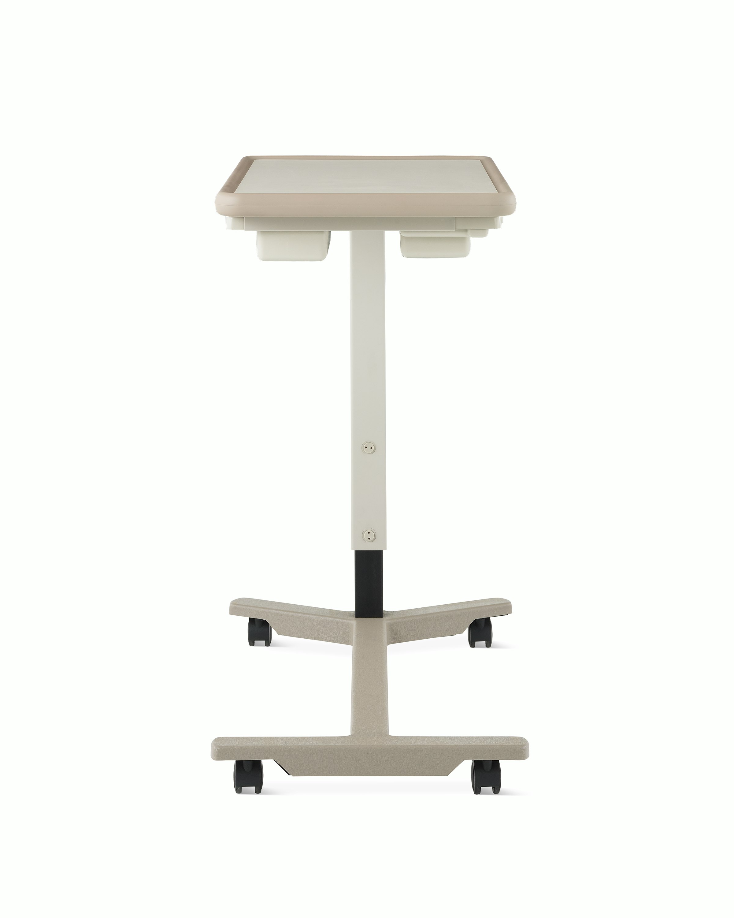 Back view of EZ-123 Overbed Table with folkstone grey laminate top, pewter urethane edge, ash gray column, and titanium base.