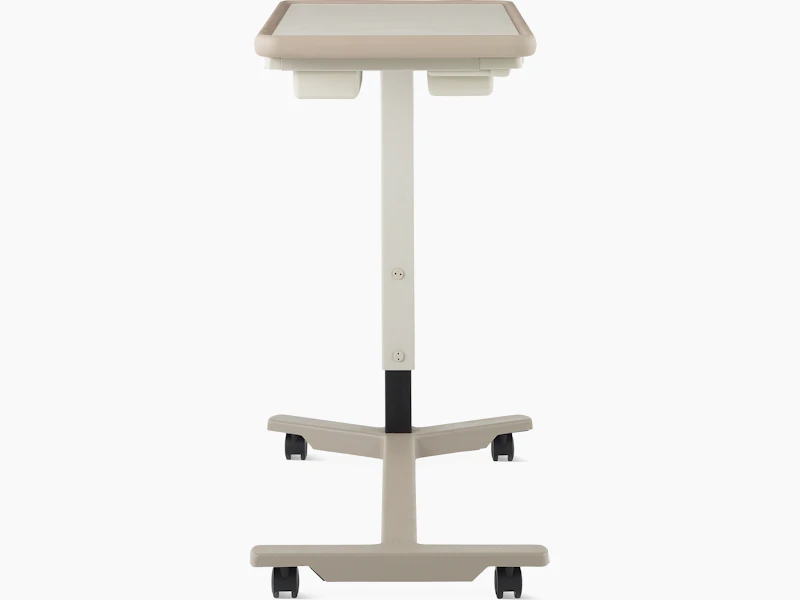 Back view of EZ-123 Overbed Table with folkstone grey laminate top, pewter urethane edge, ash gray column, and titanium base.