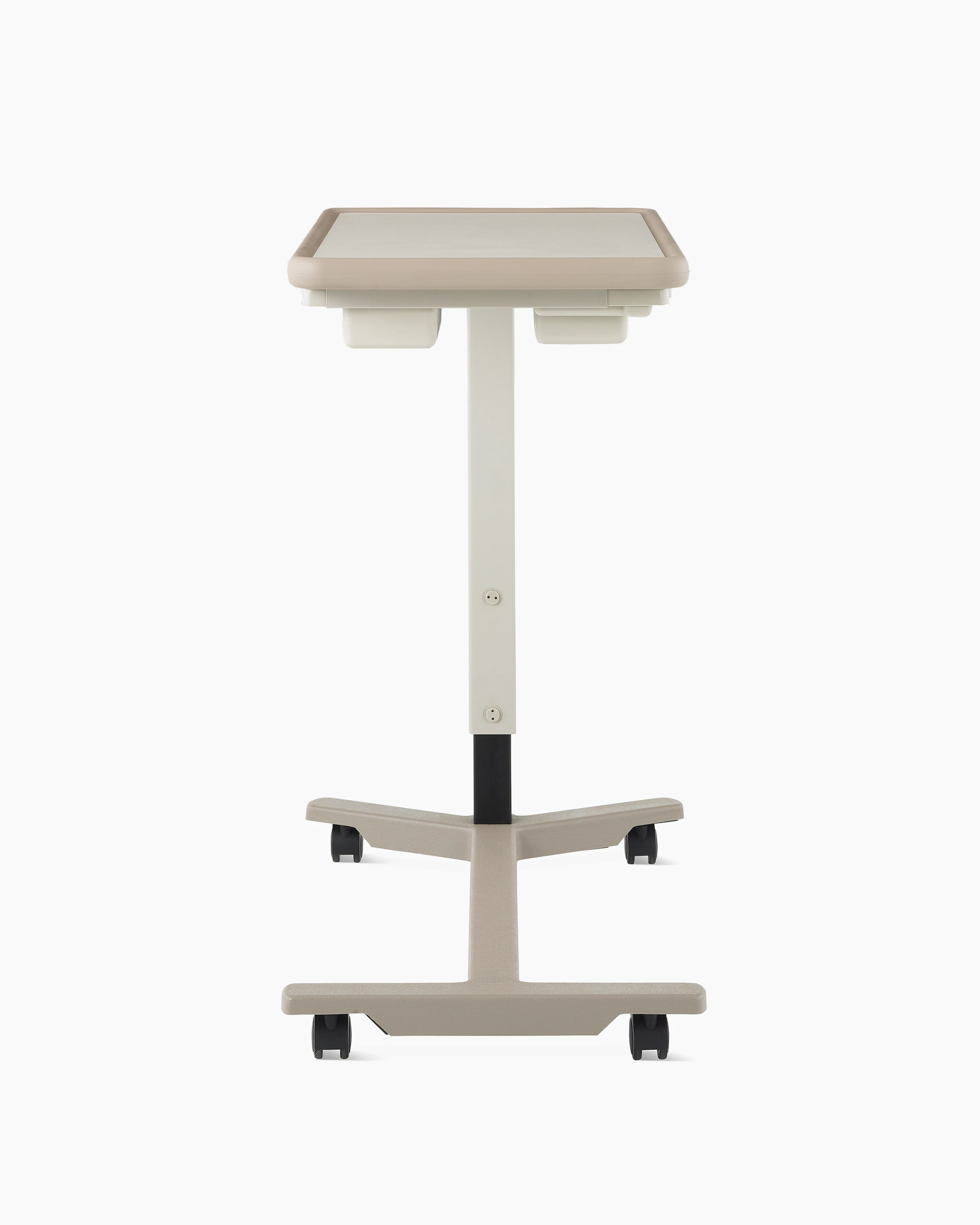 Back view of EZ-123 Overbed Table with folkstone grey laminate top, pewter urethane edge, ash gray column, and titanium base.