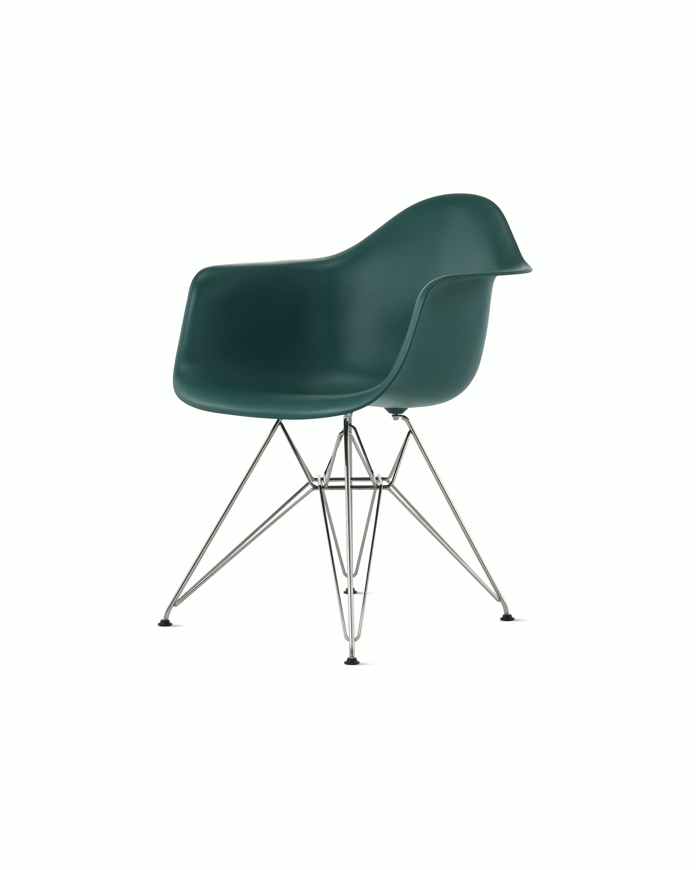 Front angle of evergreen plastic shell chair with wire base legs.