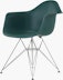 Front angle of evergreen plastic shell chair with wire base legs.